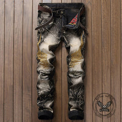 Vintage Street Wings Embroidery Ripped Straight Jeans