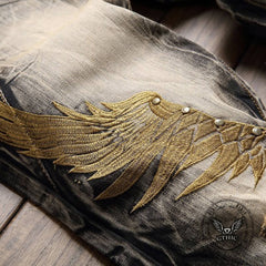 Vintage Street Wings Embroidery Ripped Straight Jeans
