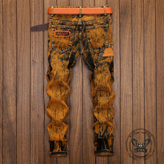 Vintage Tie-Dye Distressed Biker Straight Jeans