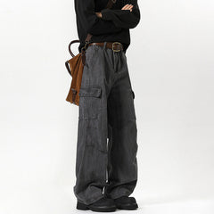 Vintage Washed Distressed Wide-Leg Overalls Jeans