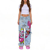 Vintage Washed Y2K Lips Phone Print Ripped Jeans