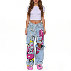 Vintage Washed Y2K Lips Phone Print Ripped Jeans