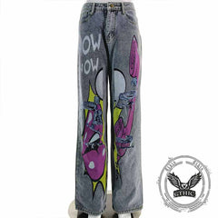 Vintage Washed Y2K Lips Phone Print Ripped Jeans