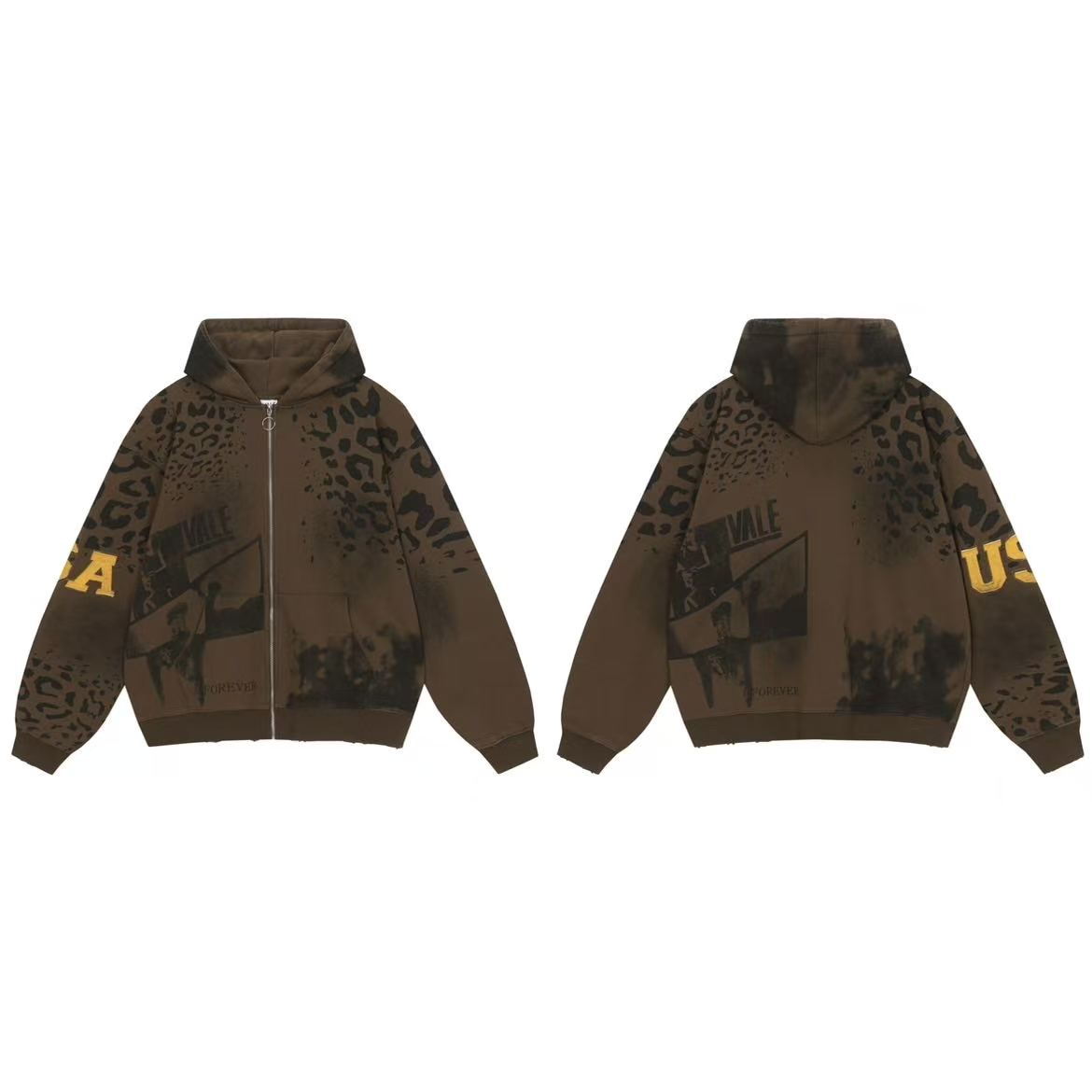 Vale Forever Vintage Leopard Print & "USA" Graphic Zip-Up Hoodie & Sweatpants Set - Brown