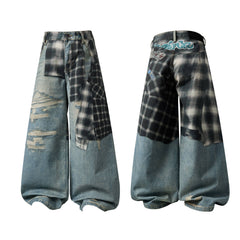 CapCabin “Layered Flannel Patchwork Balloon Jeans”
