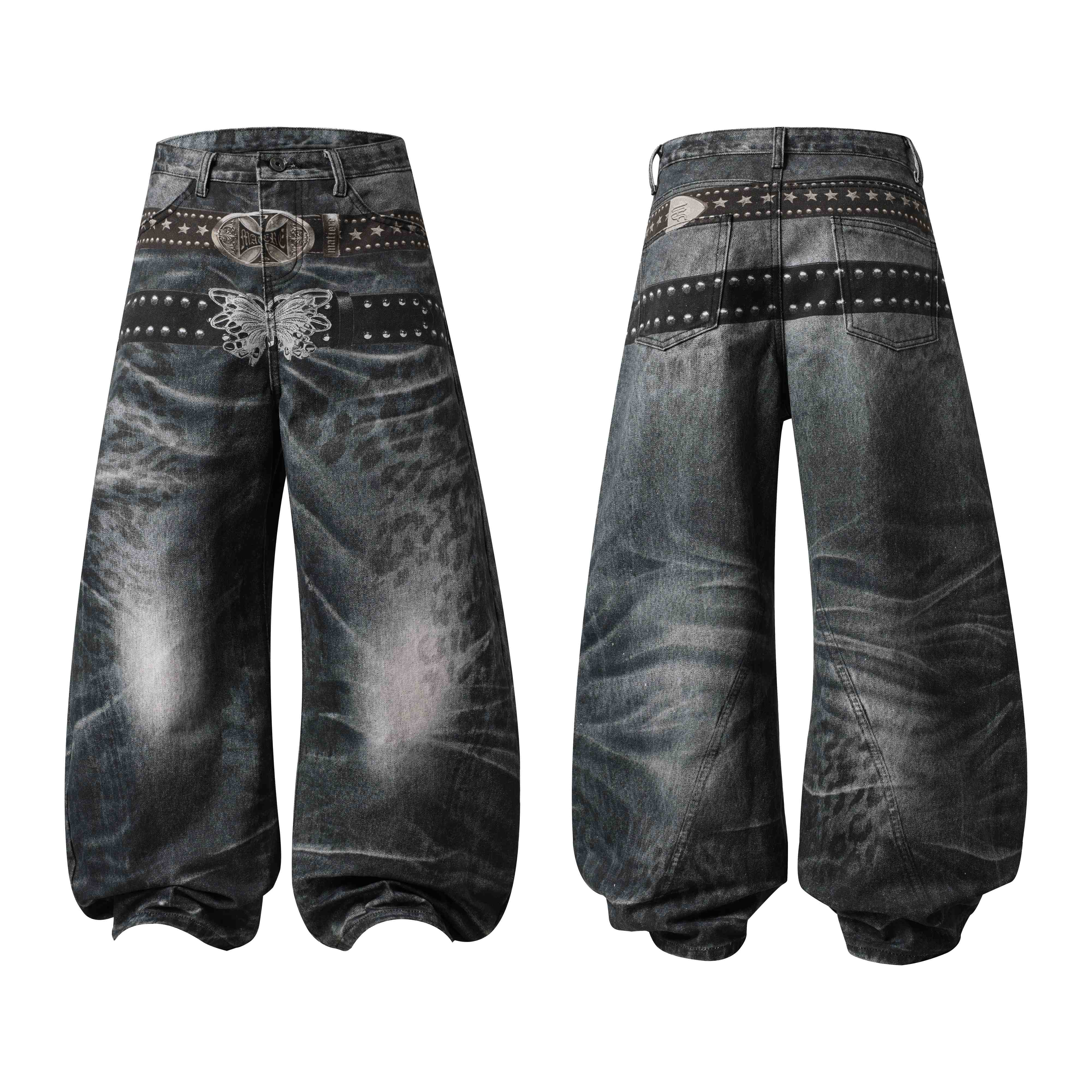 CapCabin Washed Studded Wide-Leg Jeans