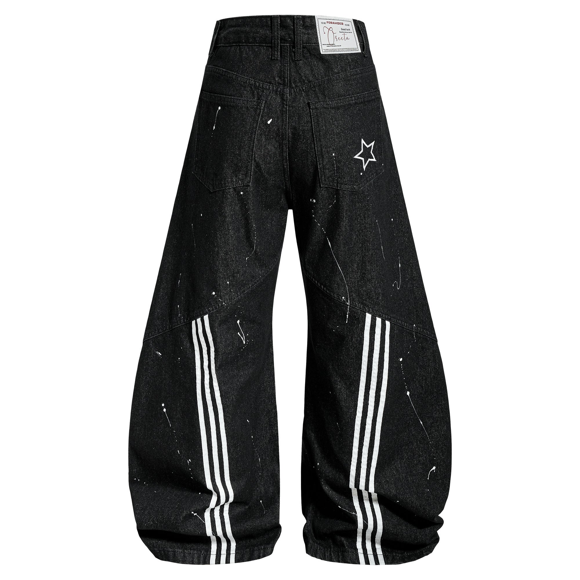 CapCabin Stripe Panel Paint-Splatter Wide-Leg Jeans
