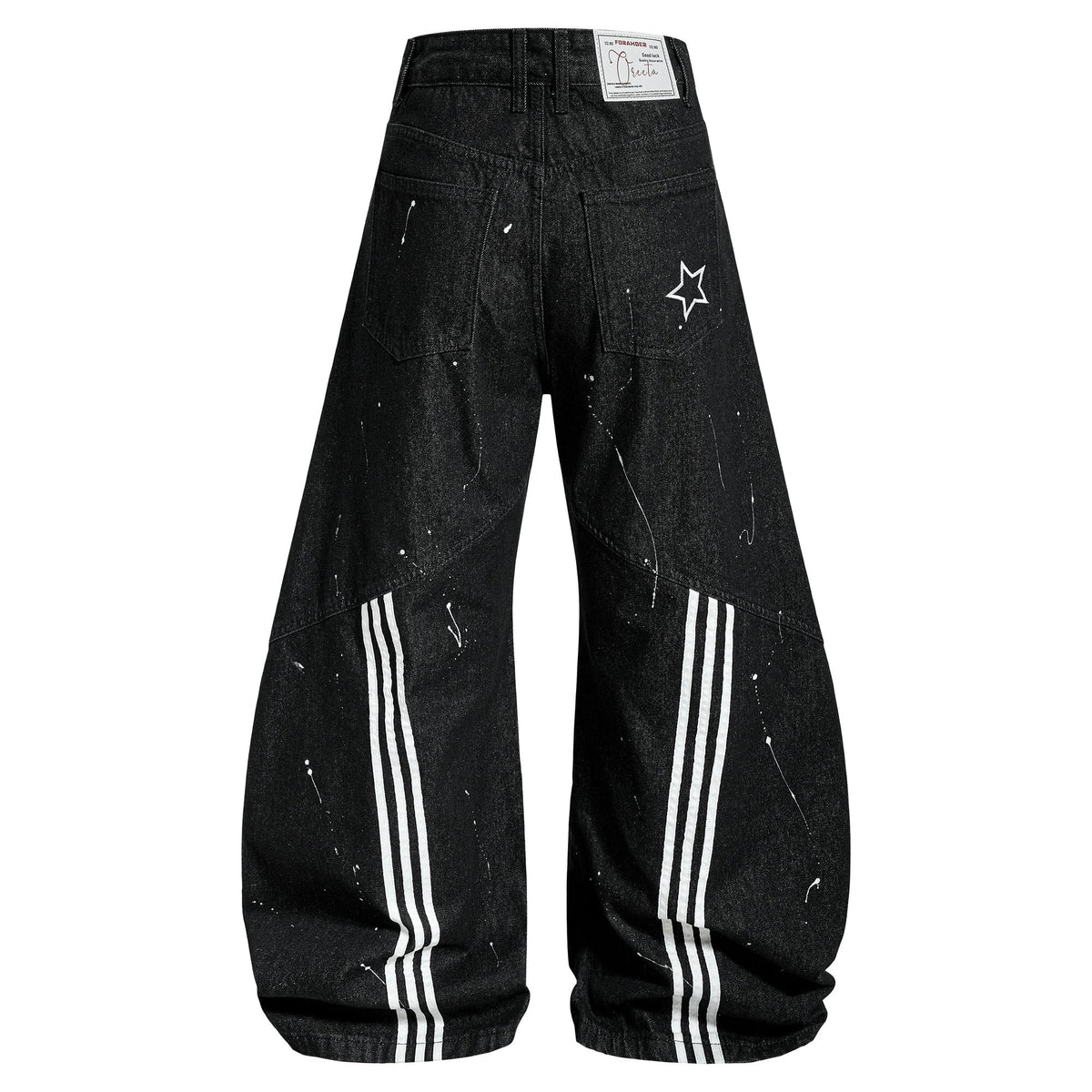 CapCabin Stripe Panel Paint-Splatter Wide-Leg Jeans