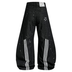 CapCabin Stripe Panel Paint-Splatter Wide-Leg Jeans