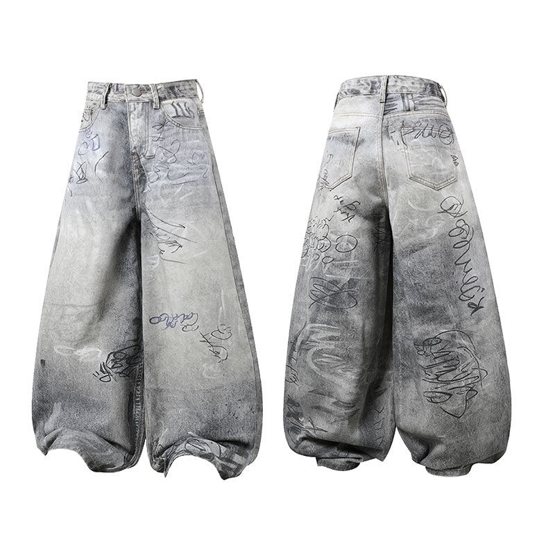 CapCabin Graffiti Washed Curved Denim Pants