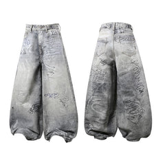CapCabin Graffiti Washed Curved Denim Pants
