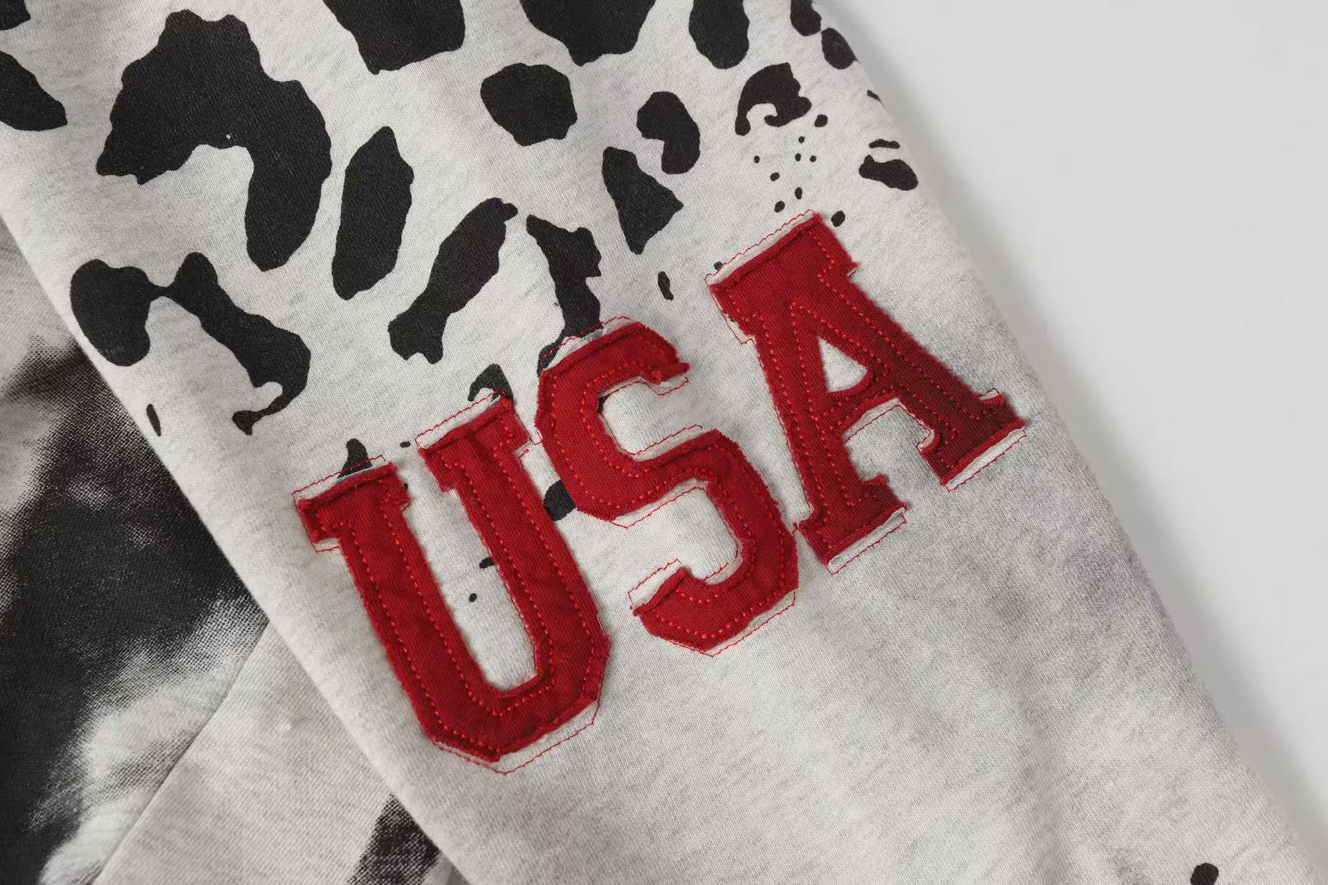 Vale Forever Vintage Leopard Print & "USA" Graphic Zip-Up Hoodie & Sweatpants Set - Grey
