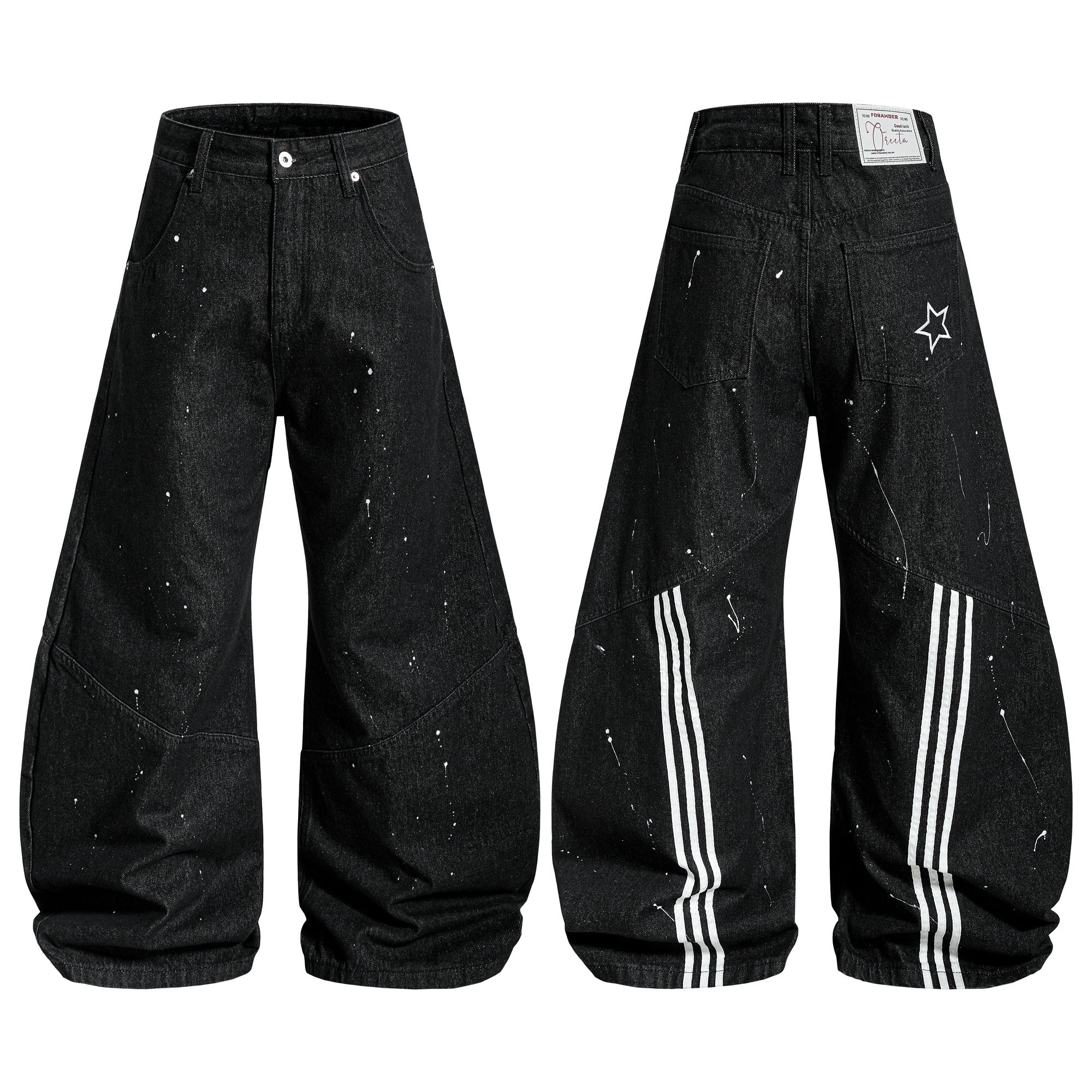 CapCabin Stripe Panel Paint-Splatter Wide-Leg Jeans