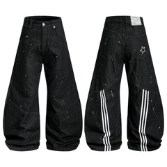 CapCabin Stripe Panel Paint-Splatter Wide-Leg Jeans