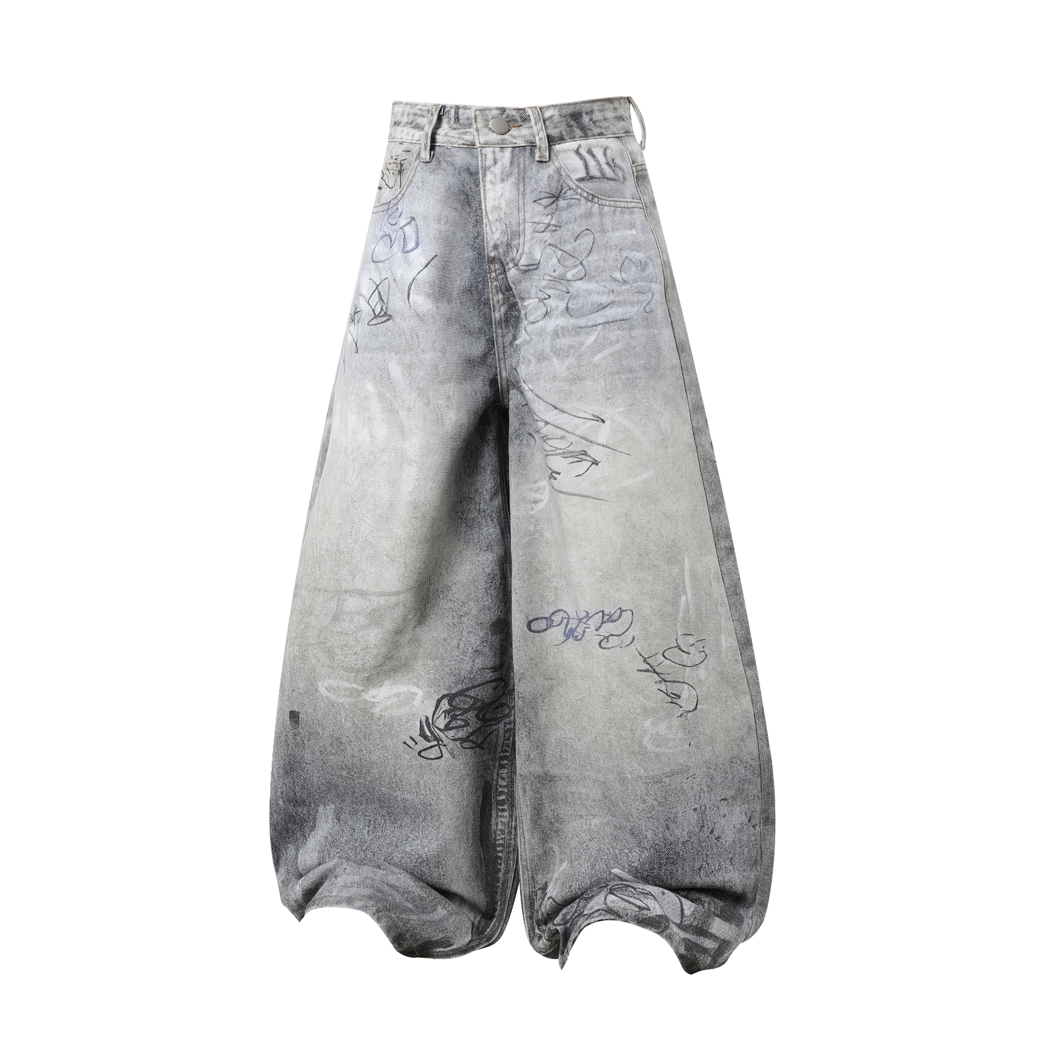 CapCabin Graffiti Washed Curved Denim Pants