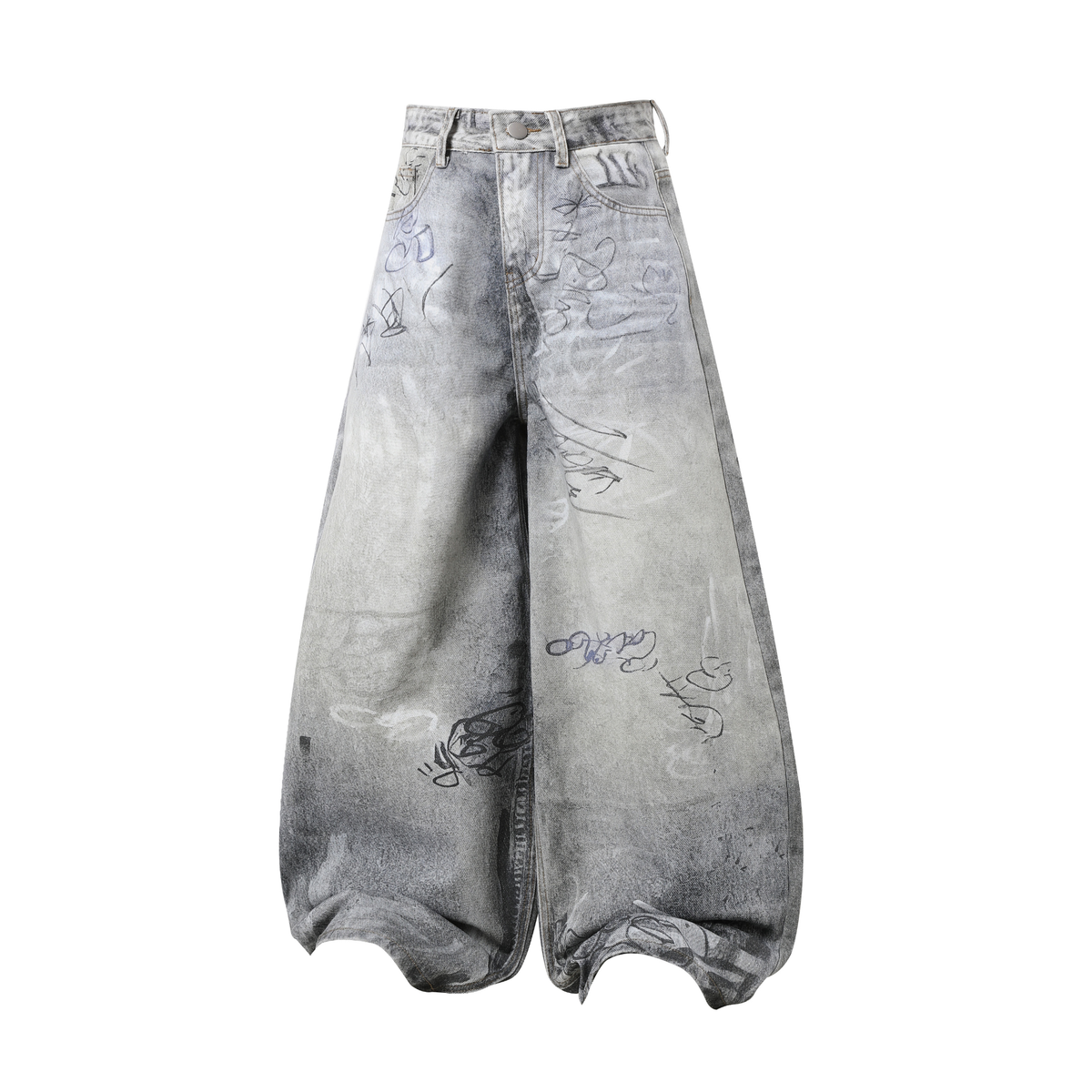 CapCabin Graffiti Washed Curved Denim Pants