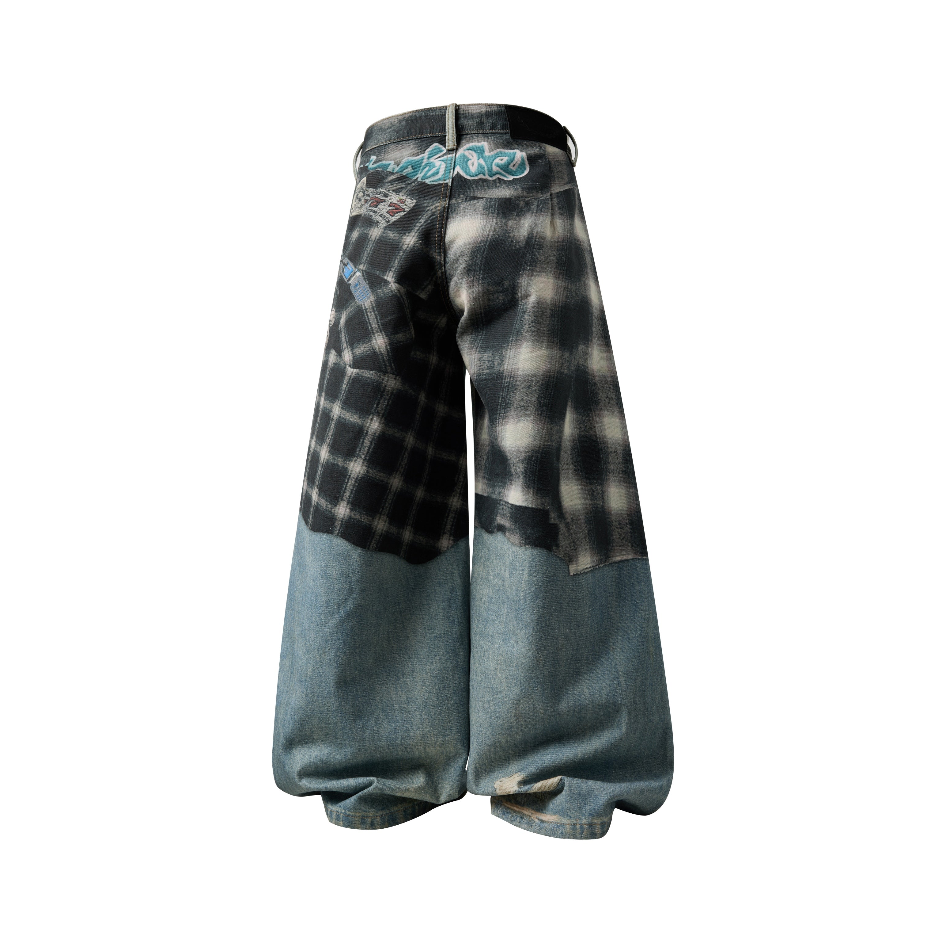 CapCabin “Layered Flannel Patchwork Balloon Jeans”