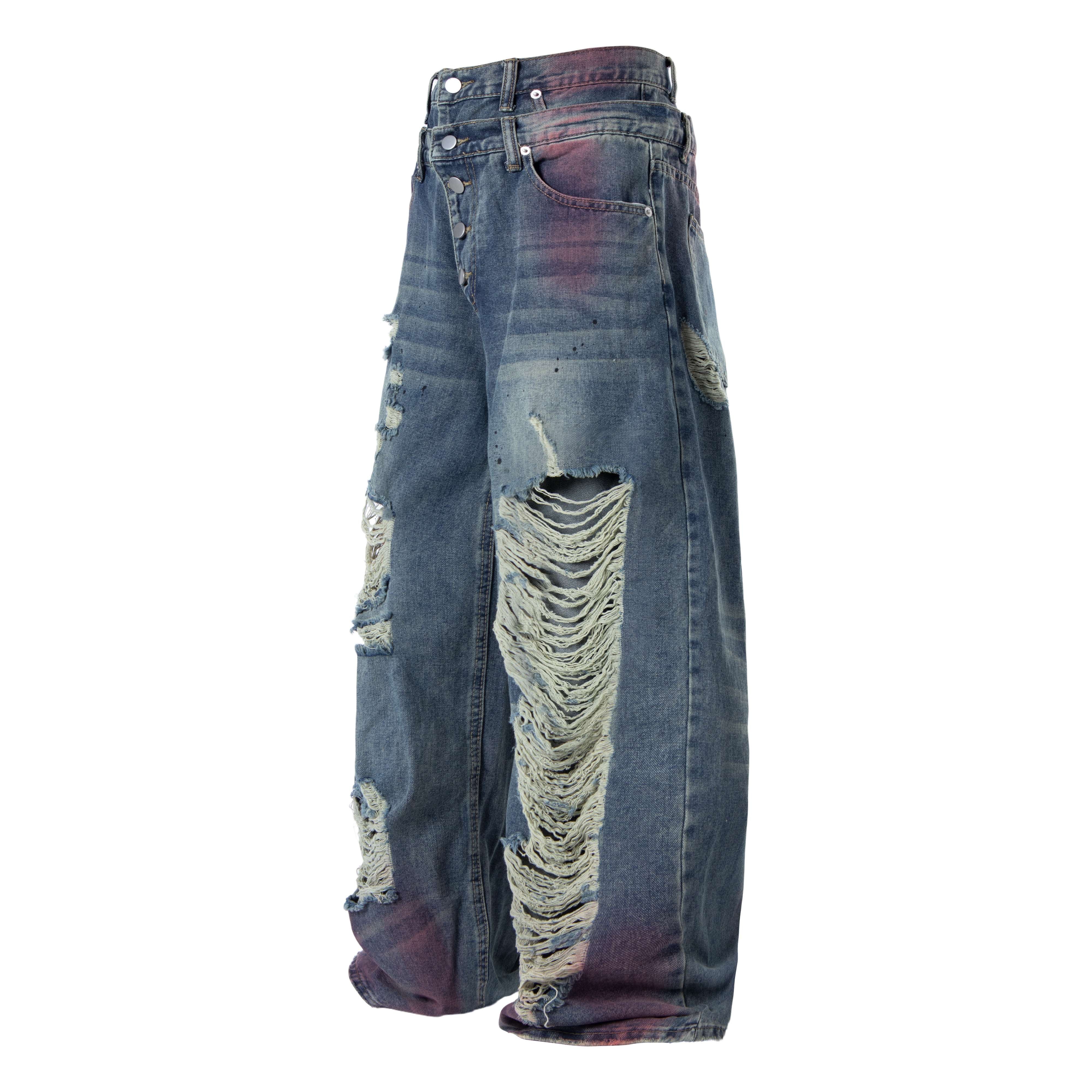 CapCabin Distressed Washed Wide-Leg Jeans