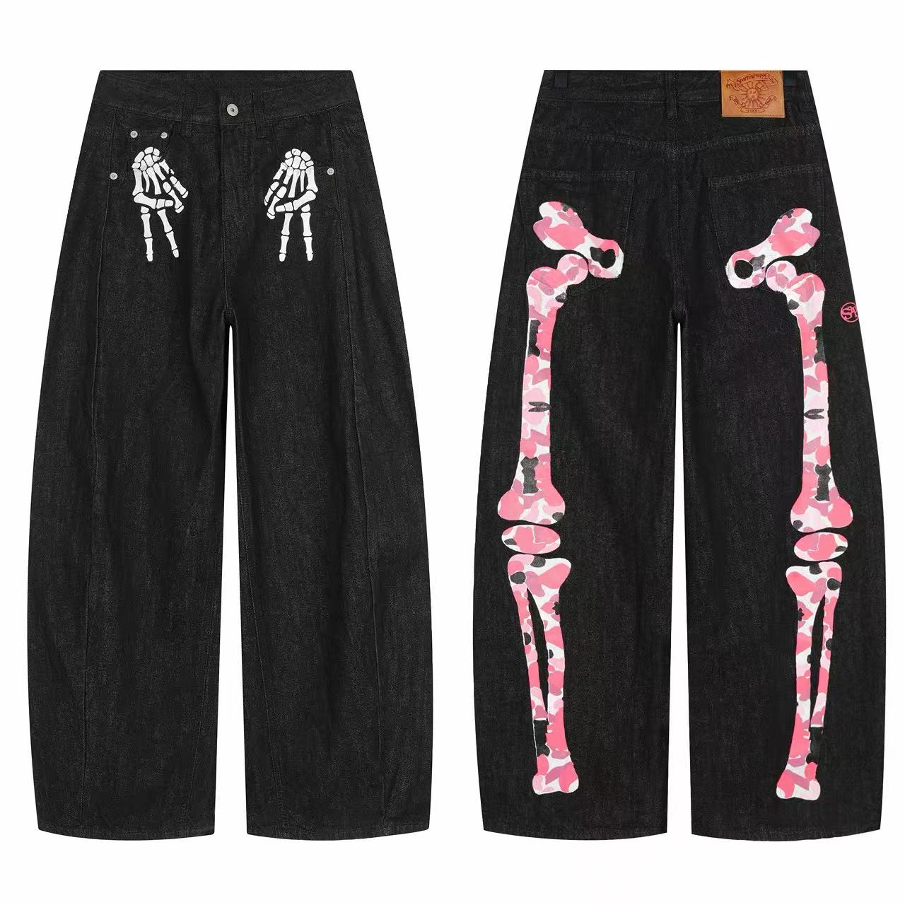 CapCabin Skeleton Graphic Wide-Leg Denim Pants
