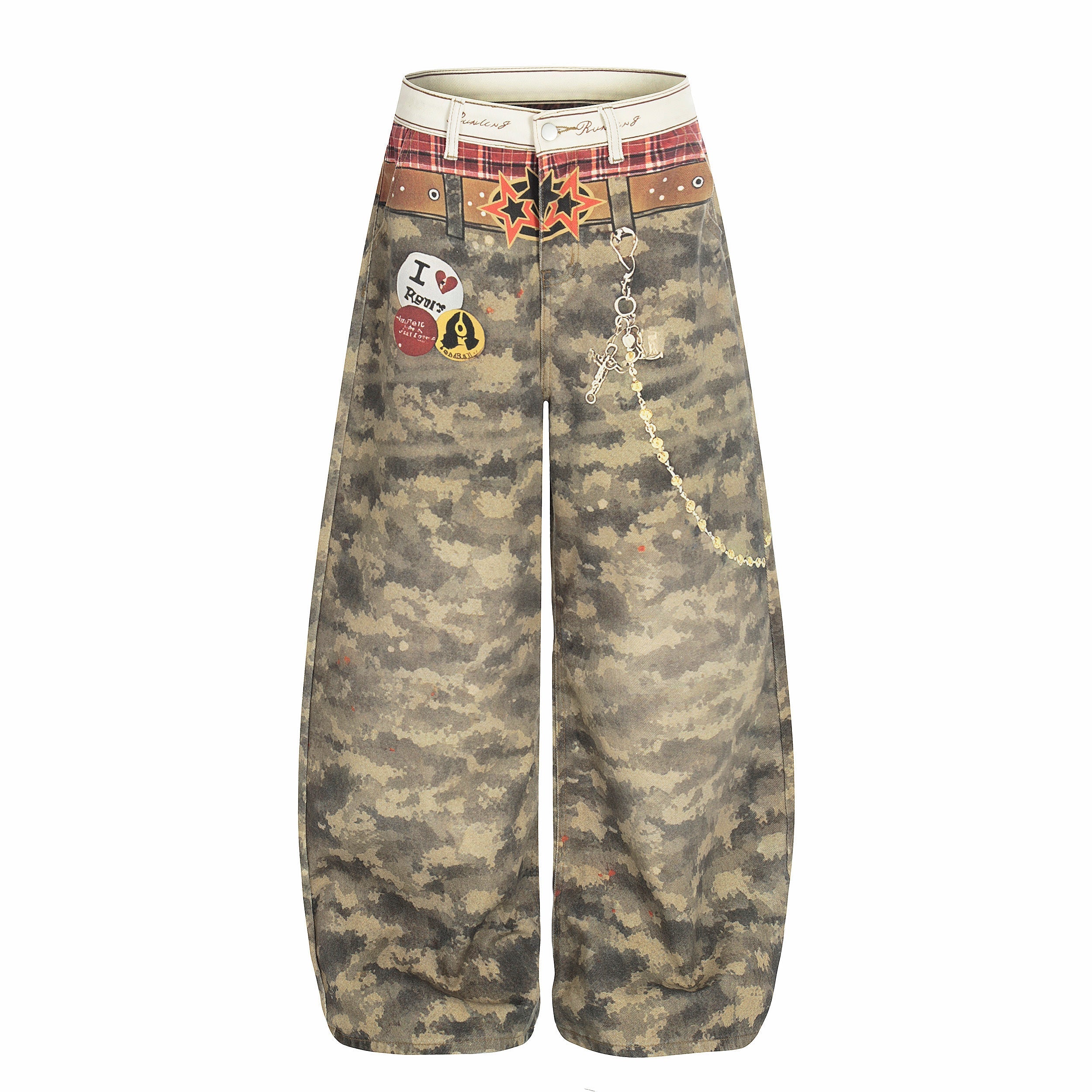 CapCabin Camo Patchwork Wide-Leg Denim Pants