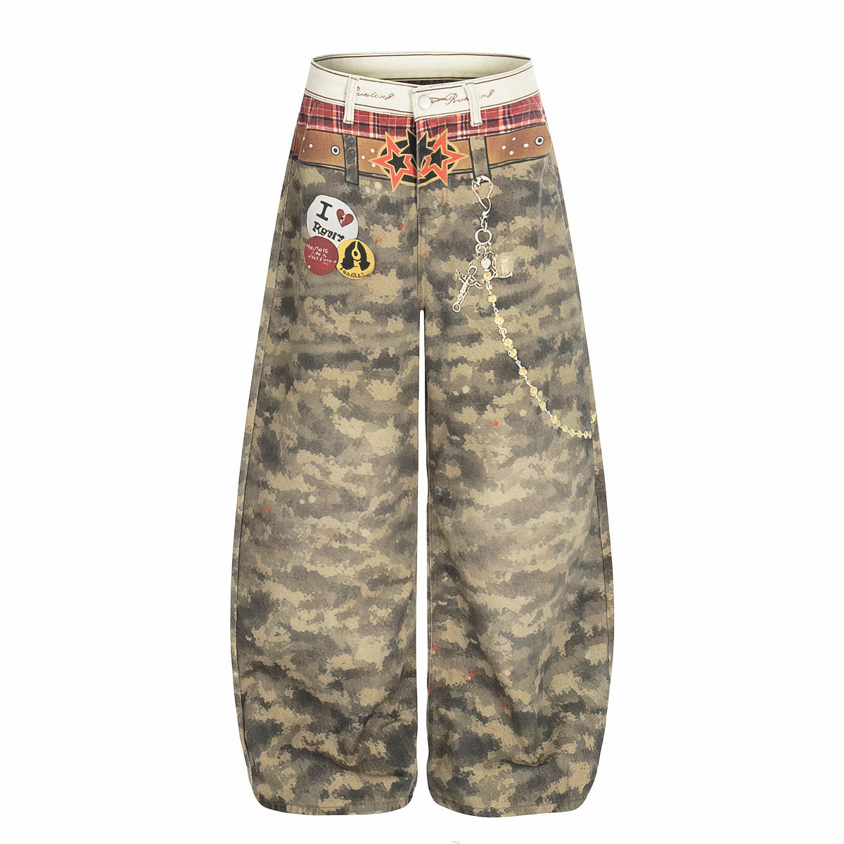 CapCabin Camo Patchwork Wide-Leg Denim Pants