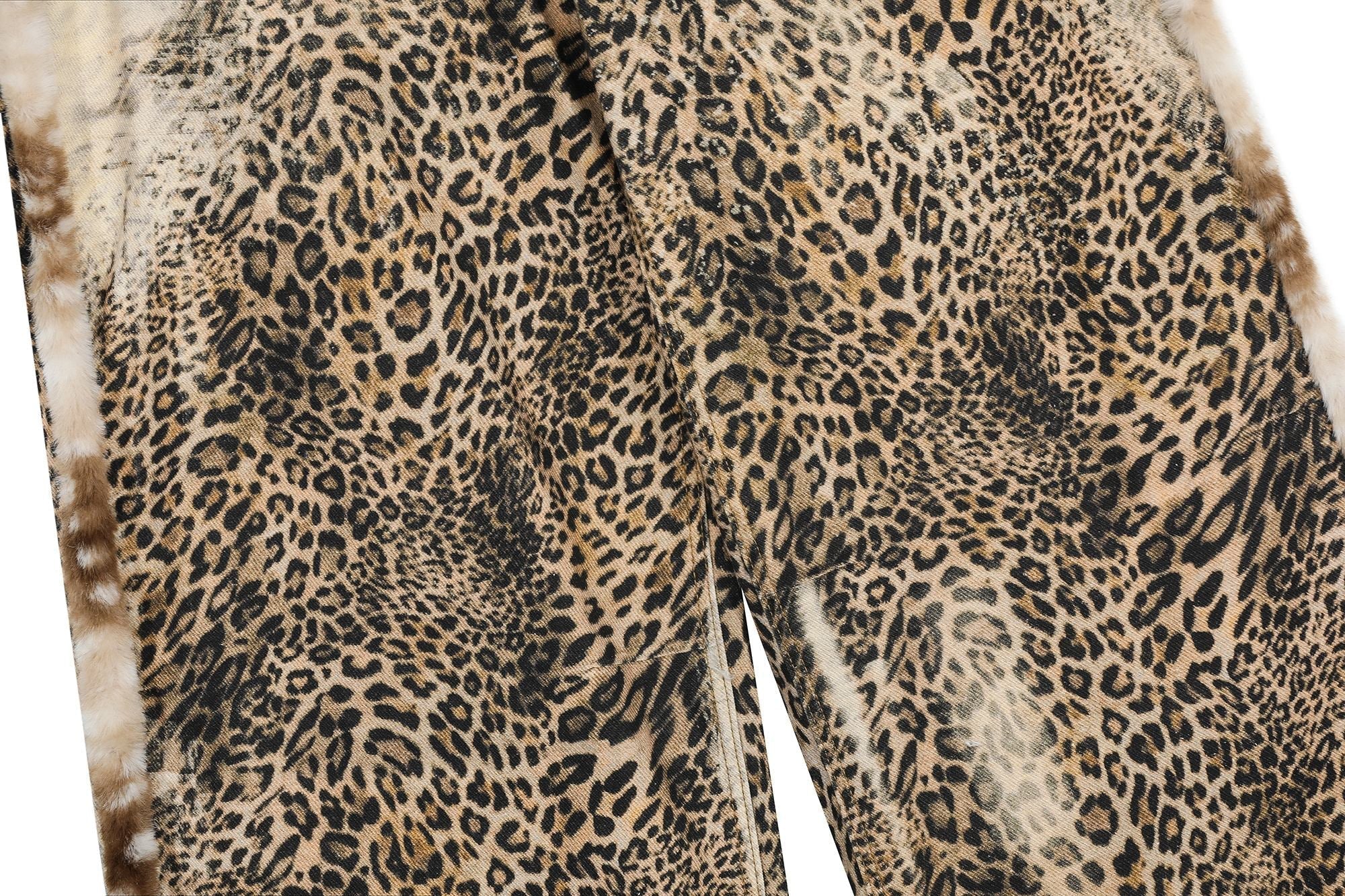 CapCabin “Leopard Fur-Trim Wide-Leg Jeans”