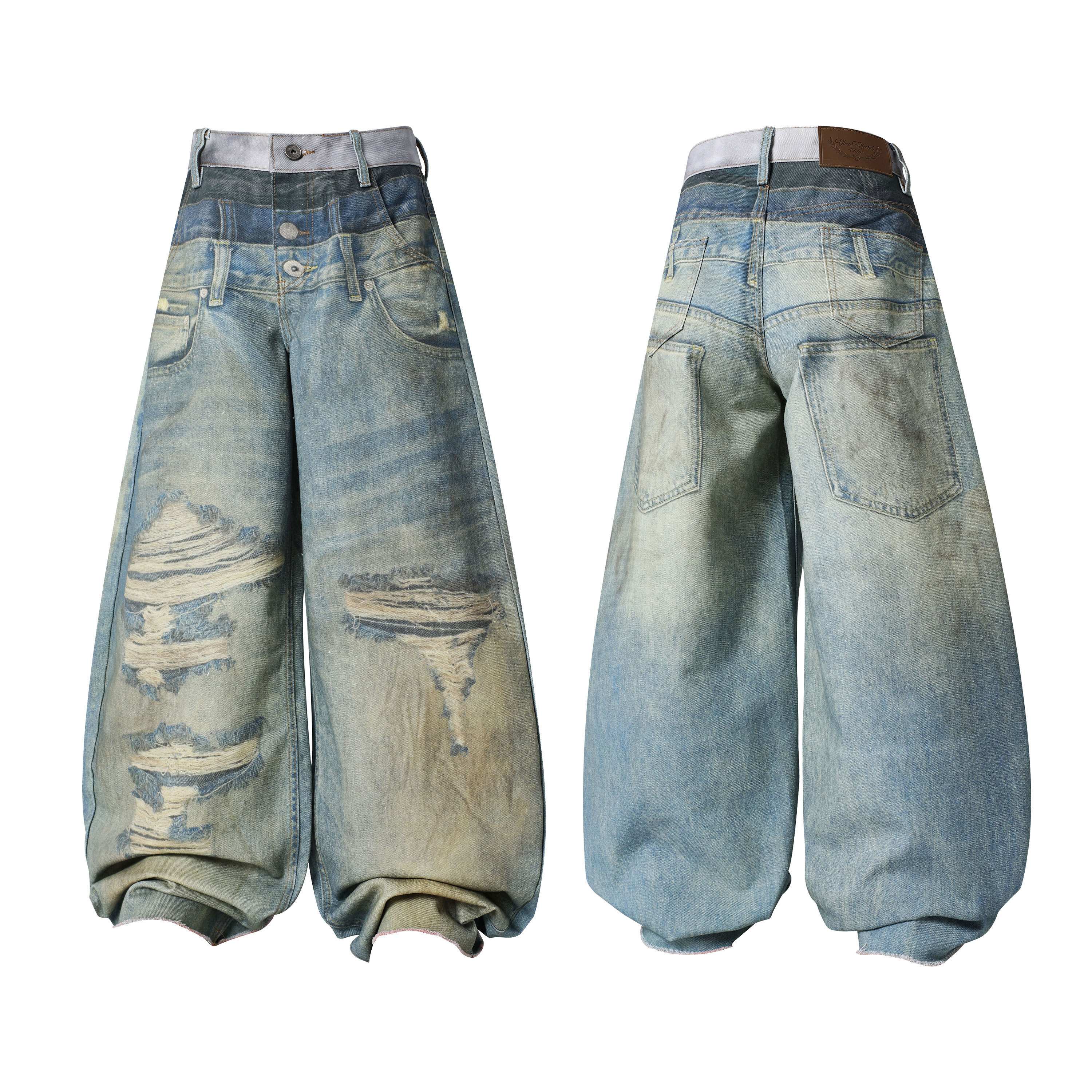CapCabin “Layered Fade Distressed Balloon Jeans”