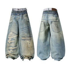 CapCabin “Layered Fade Distressed Balloon Jeans”