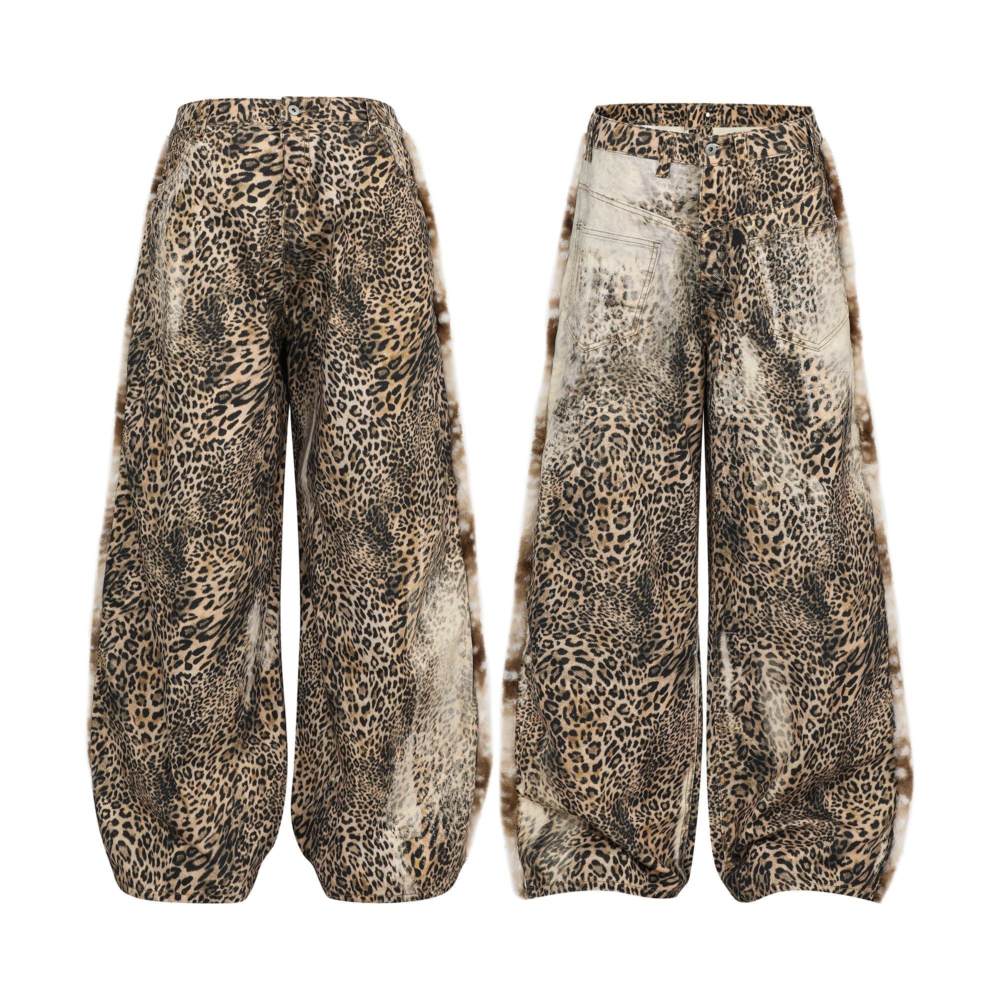 CapCabin “Leopard Fur-Trim Wide-Leg Jeans”