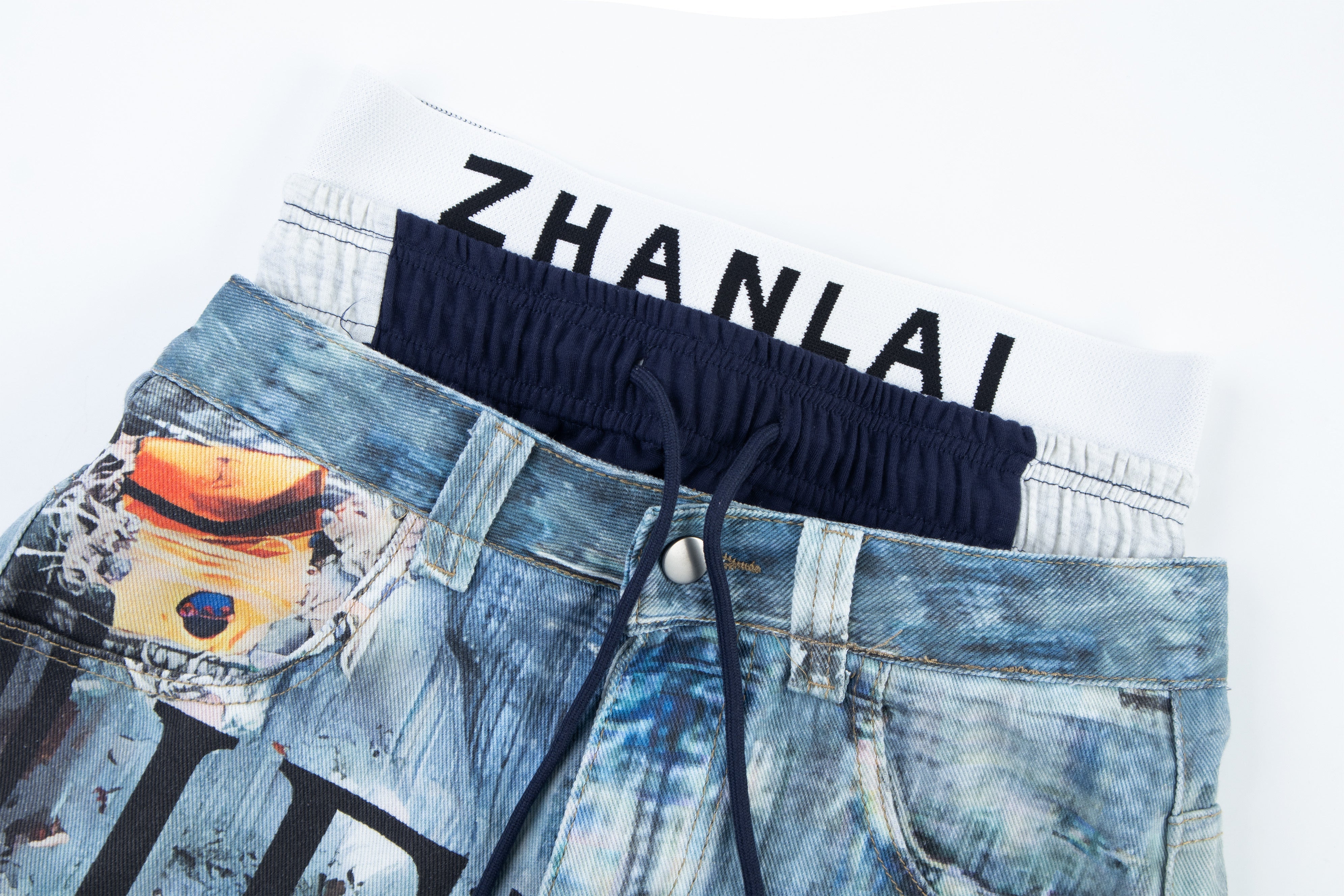 CapCabin Layered Waist Graphic Denim Pants