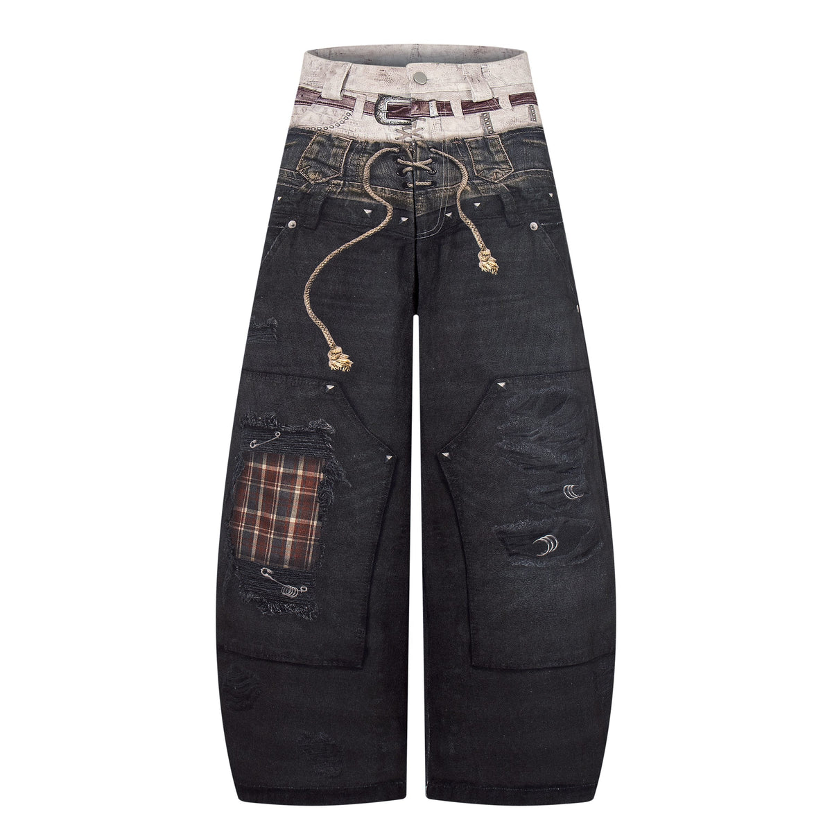 CapCabin “Layered Distress Patch Denim Pants”