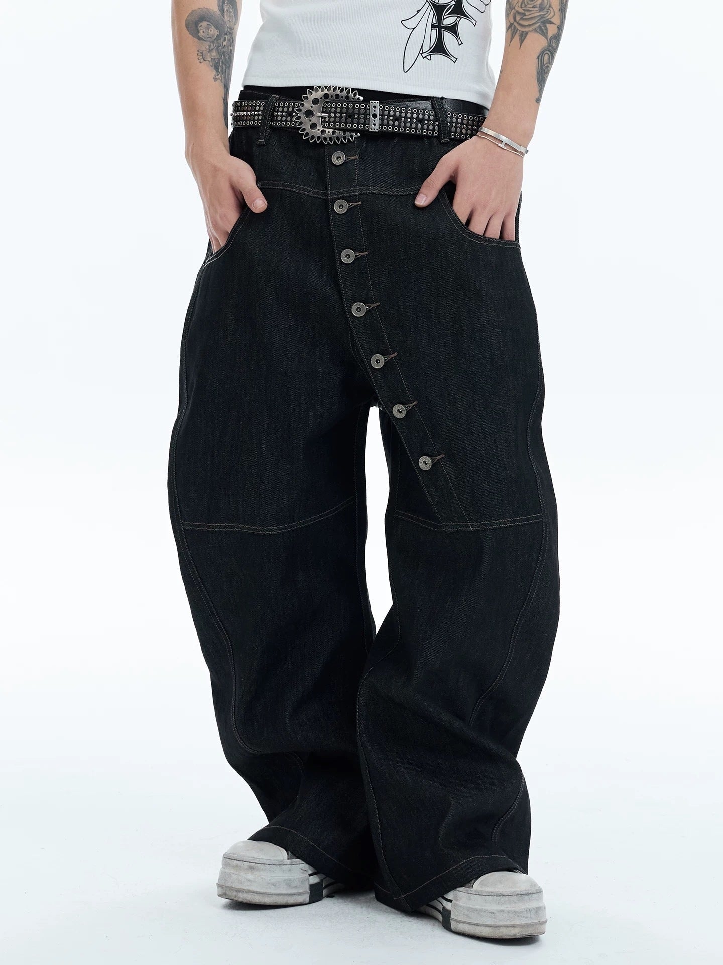 CapCabin Asymmetric Button Wide-Leg Denim Pants