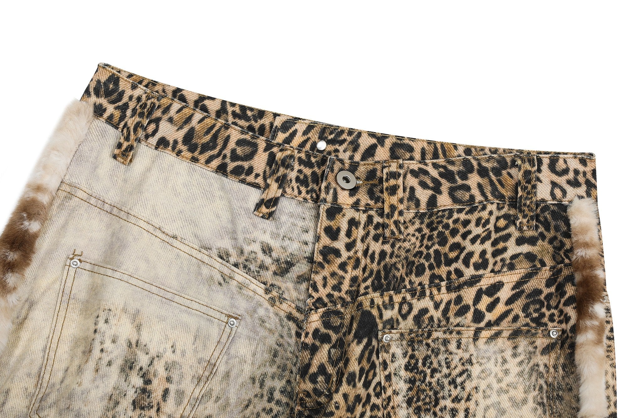 CapCabin “Leopard Fur-Trim Wide-Leg Jeans”