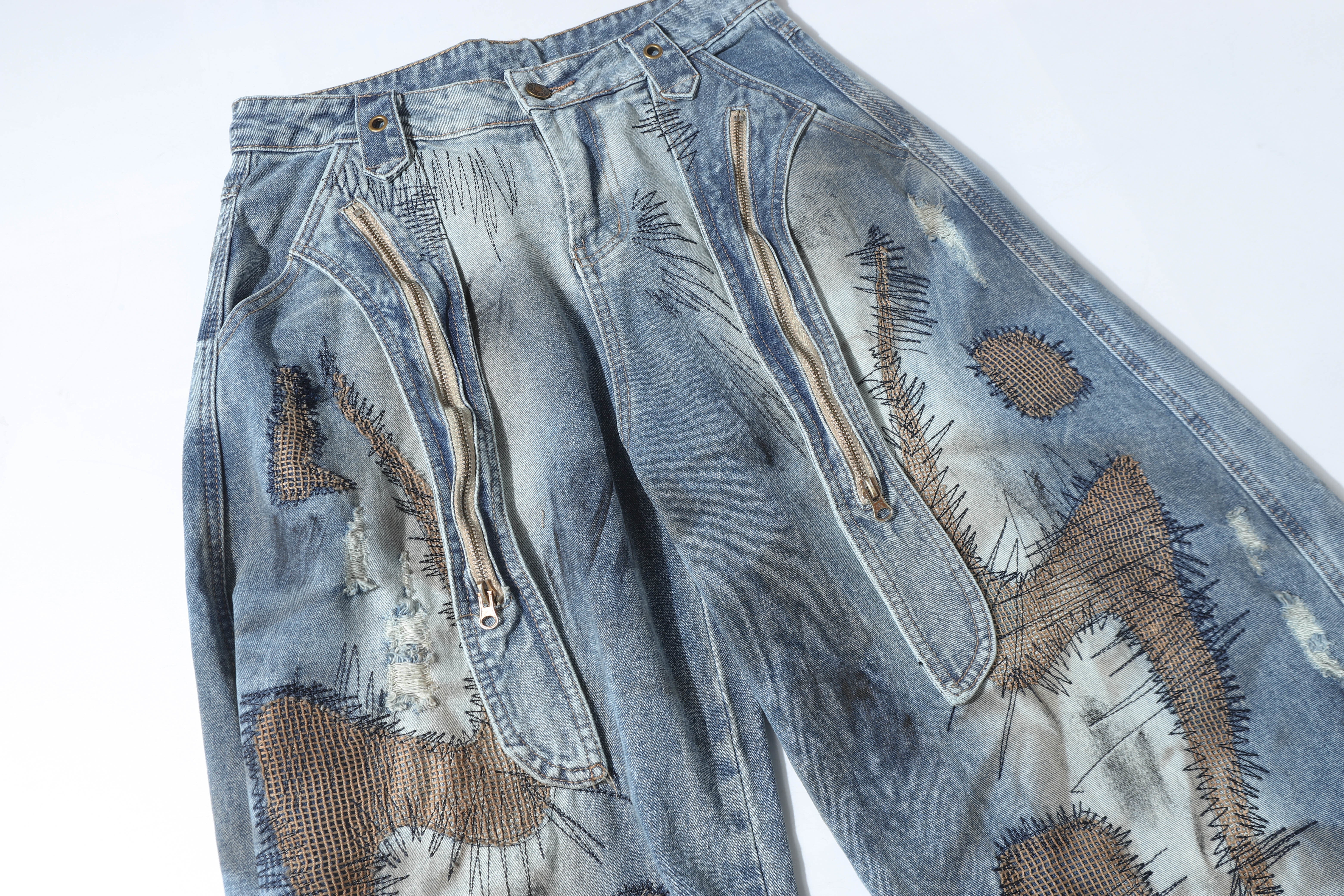 CapCabin Distressed Patchwork Denim Pants
