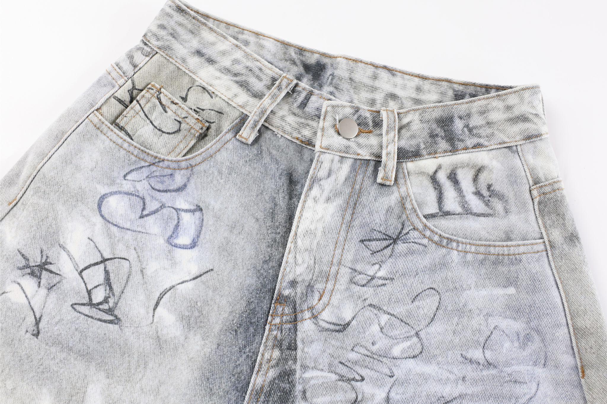 CapCabin Graffiti Washed Curved Denim Pants