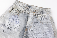 CapCabin Graffiti Washed Curved Denim Pants