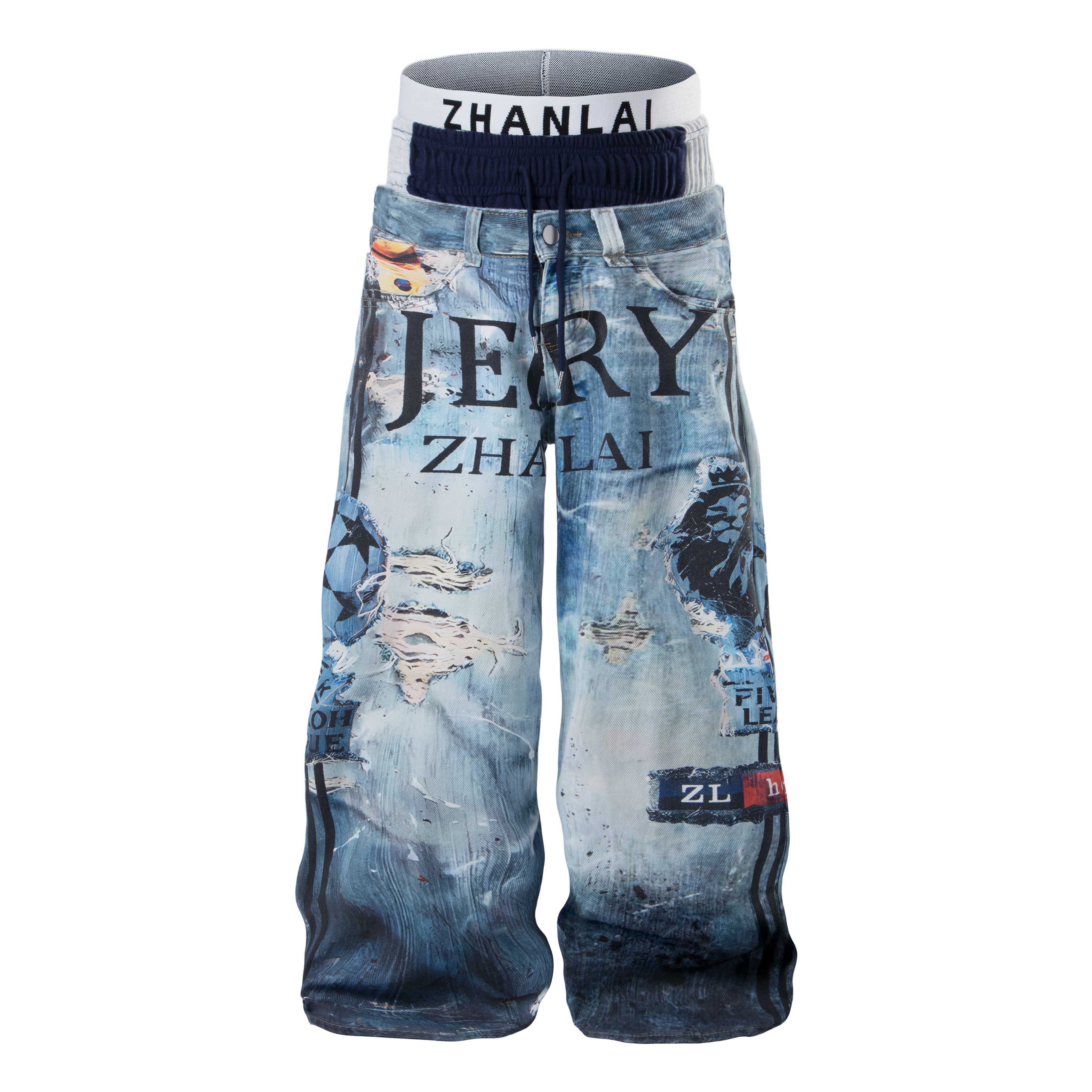 CapCabin Layered Waist Graphic Denim Pants