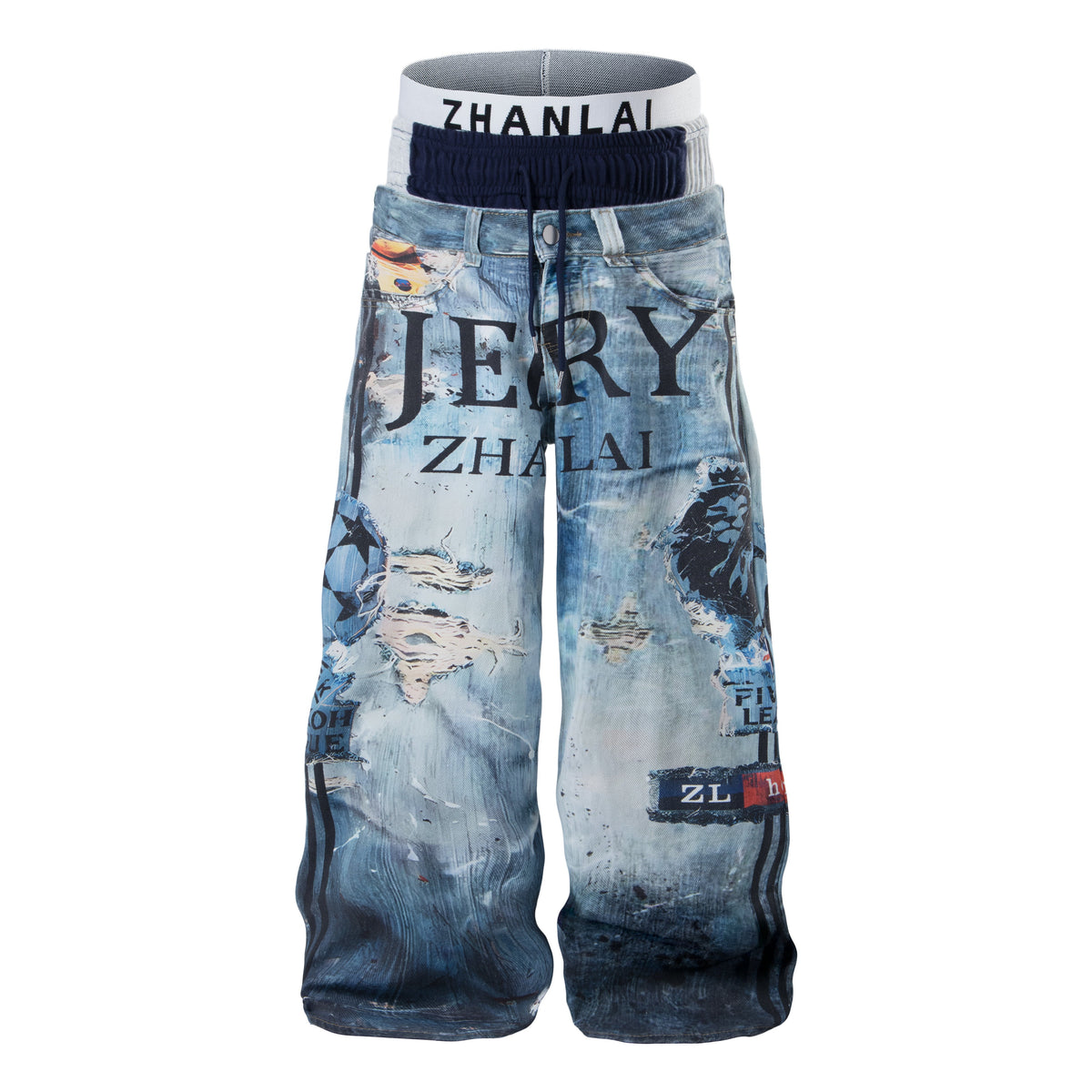 CapCabin Layered Waist Graphic Denim Pants
