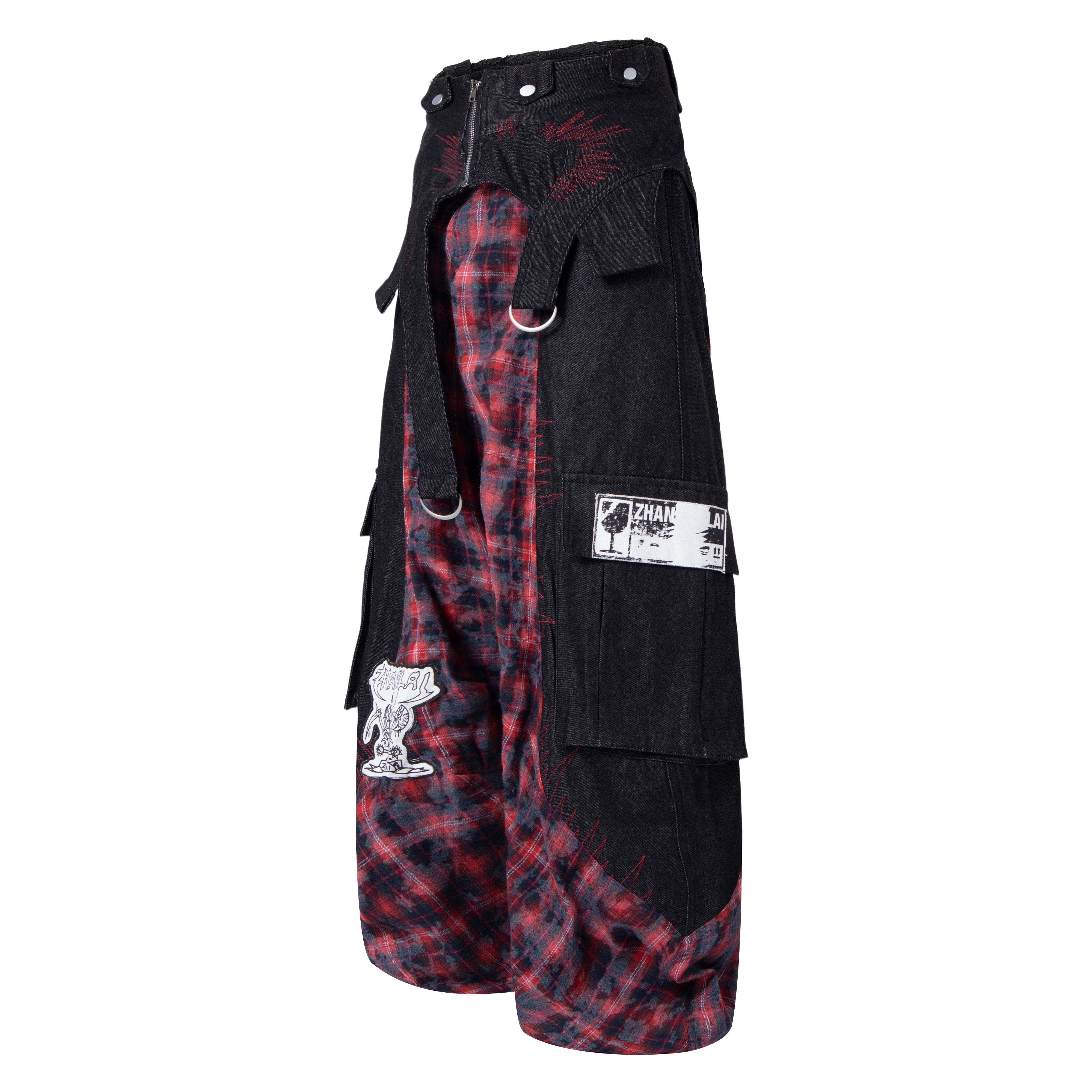 CapCabin Layered Plaid Panel Wide-Leg Pants