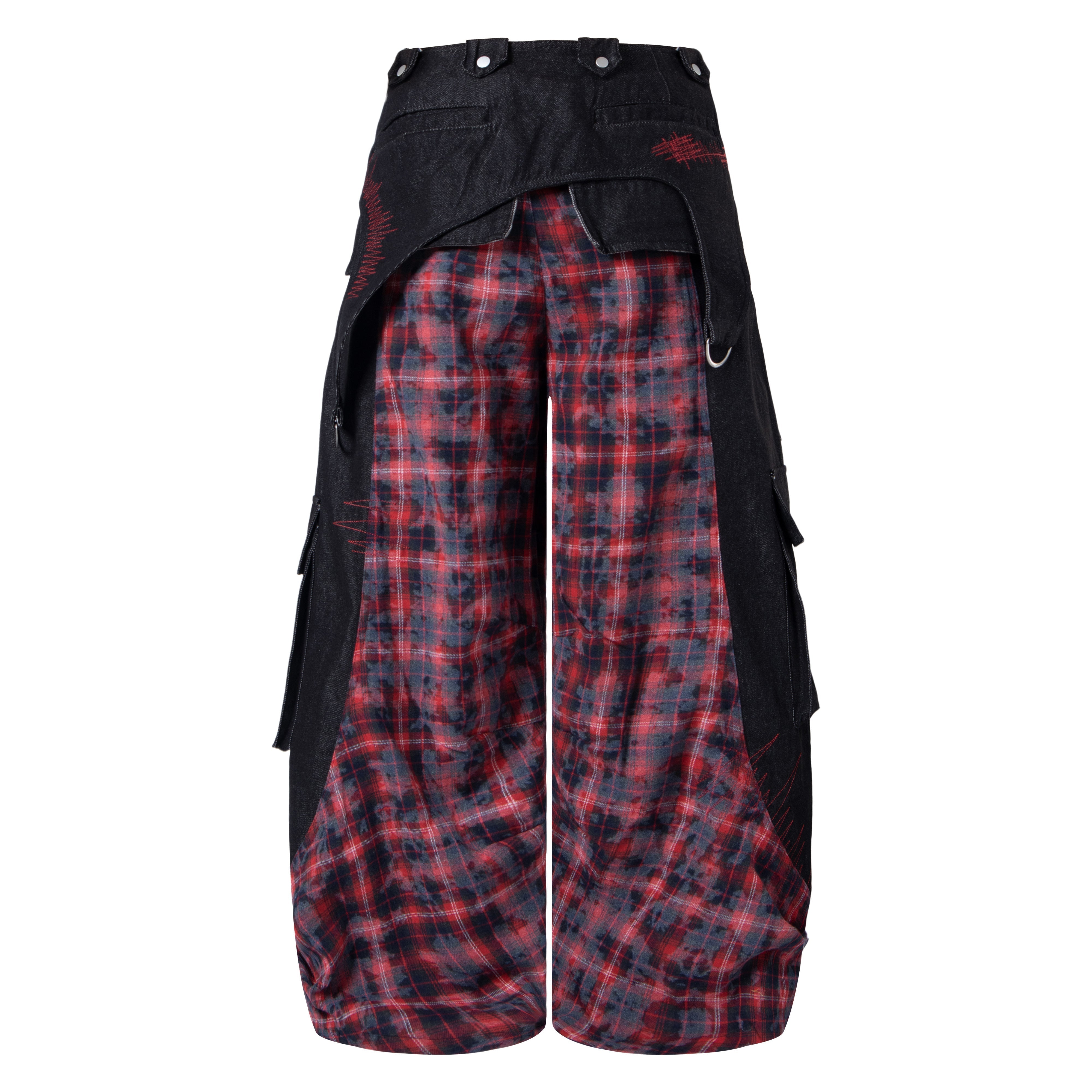CapCabin Layered Plaid Panel Wide-Leg Pants