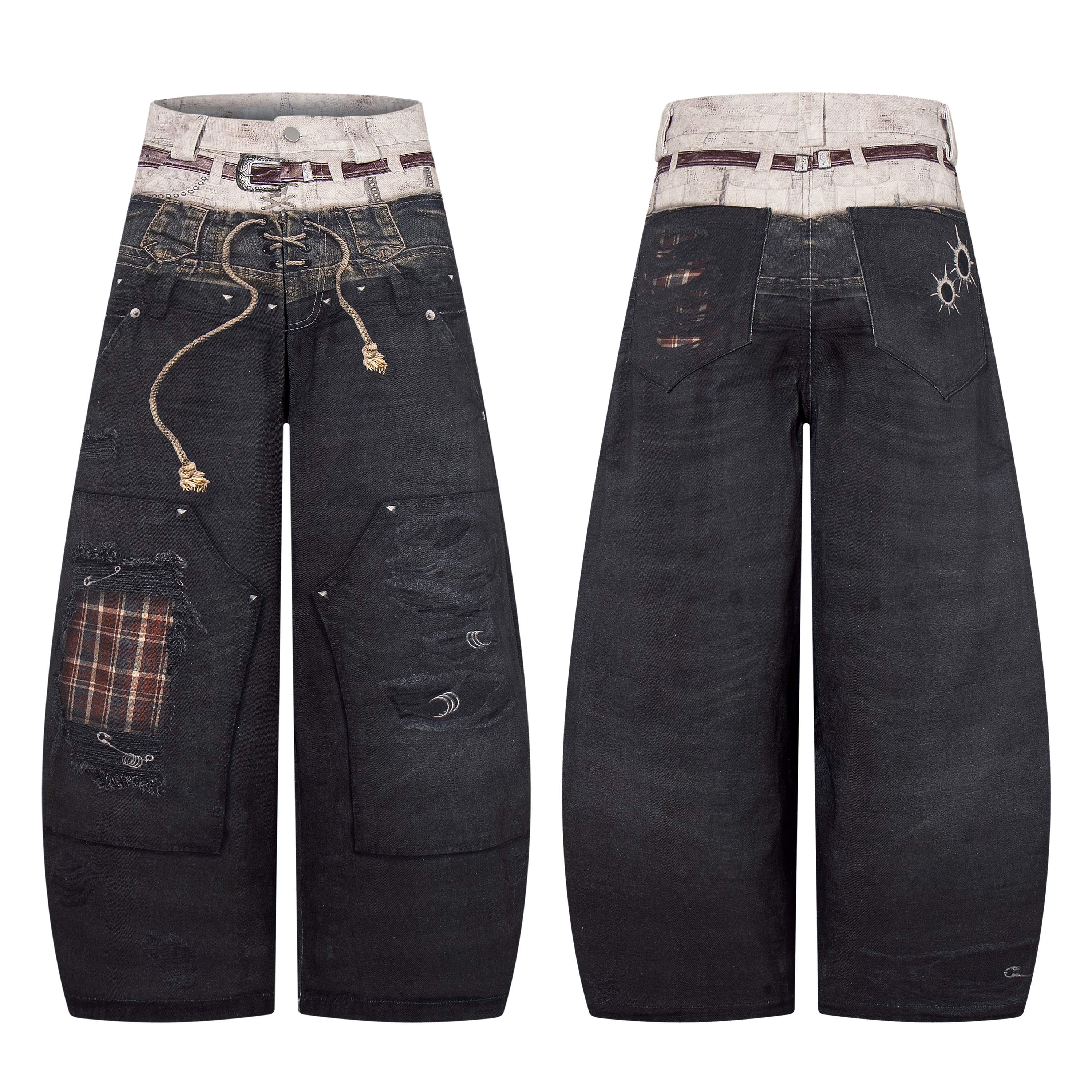 CapCabin “Layered Distress Patch Denim Pants”