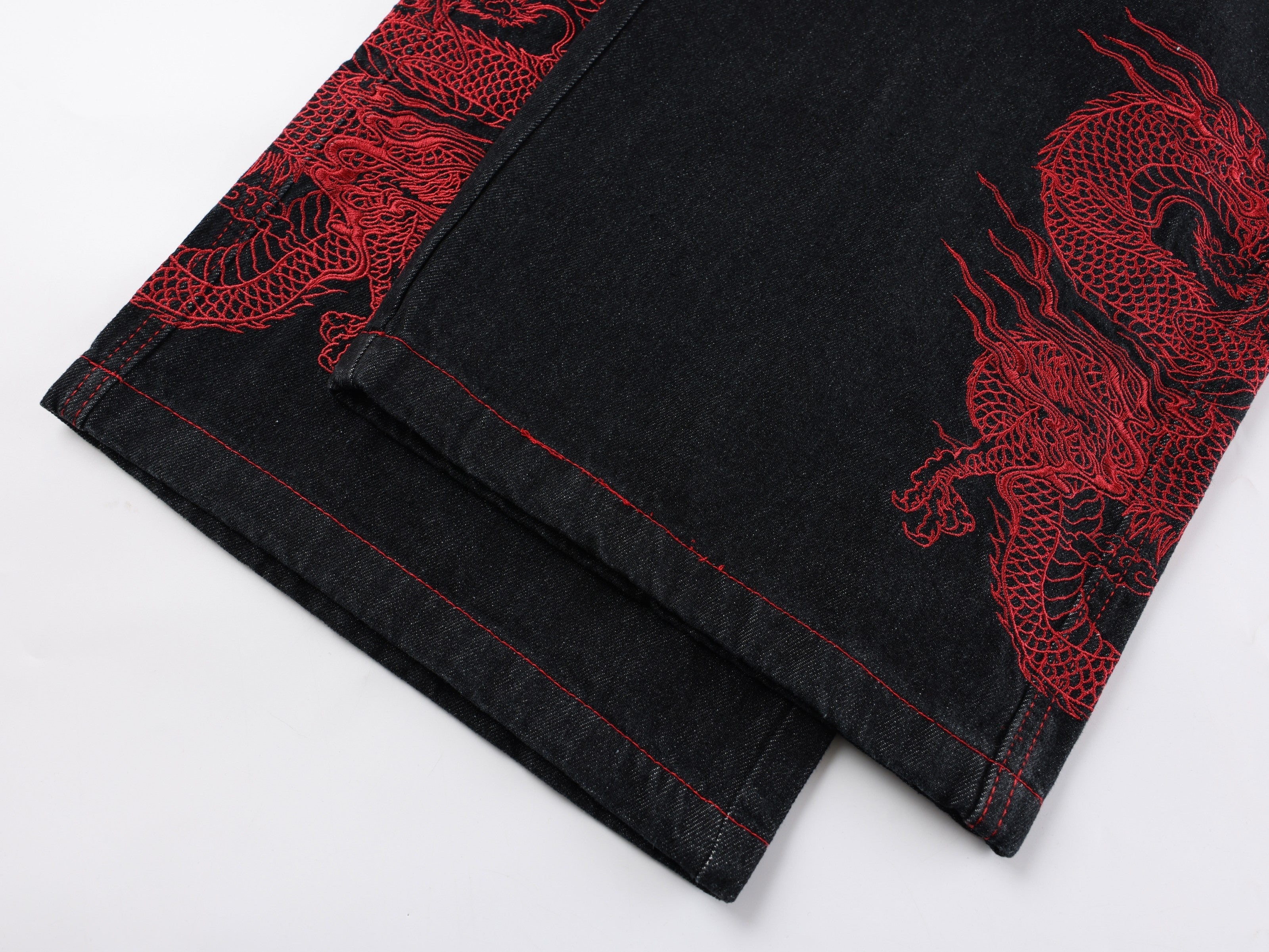 CapCabin Dragon Embroidered Wide-Leg Denim Pants