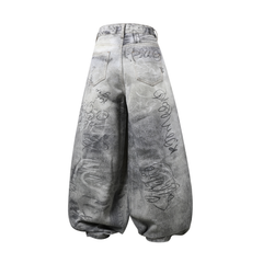 CapCabin Graffiti Washed Curved Denim Pants