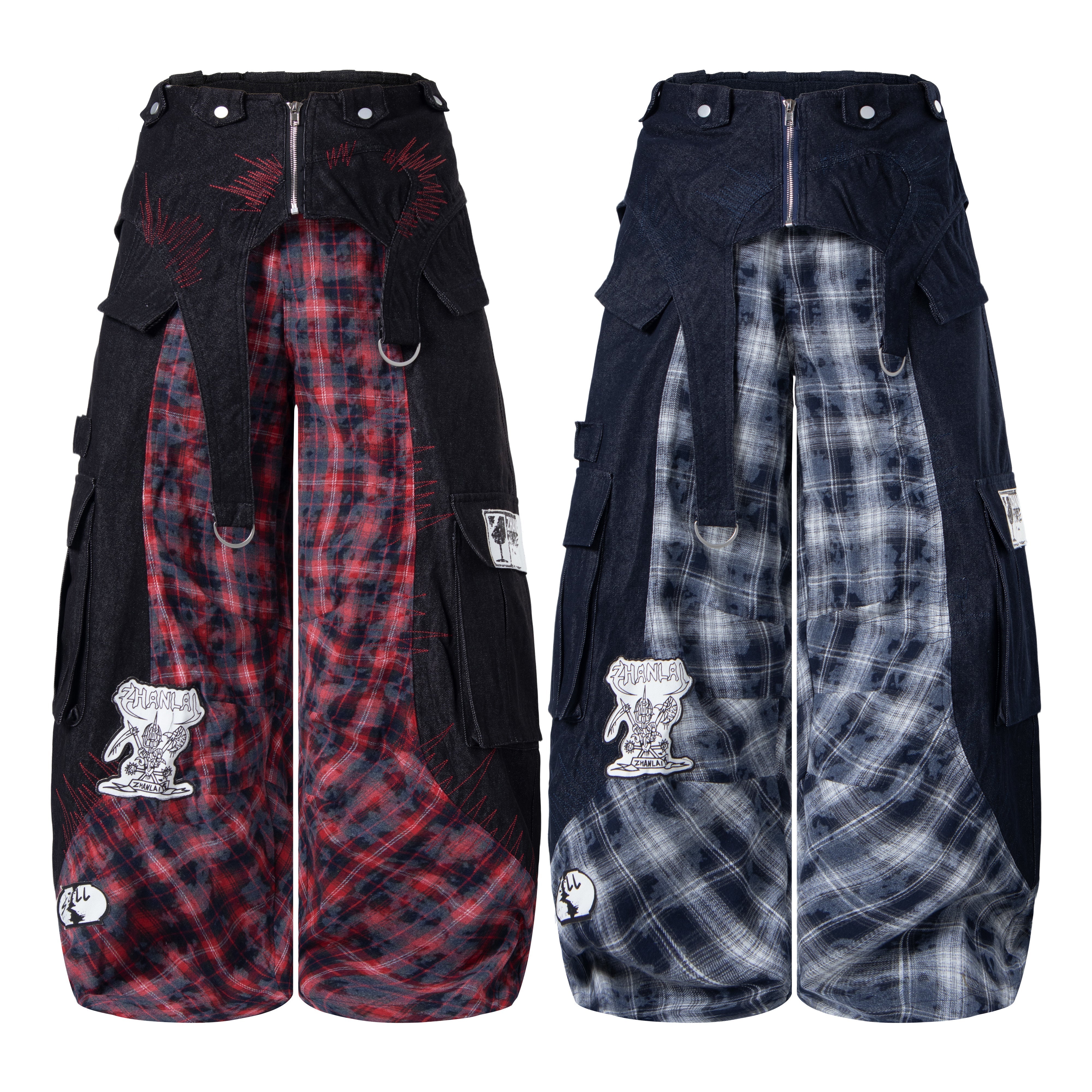 CapCabin Layered Plaid Panel Wide-Leg Pants