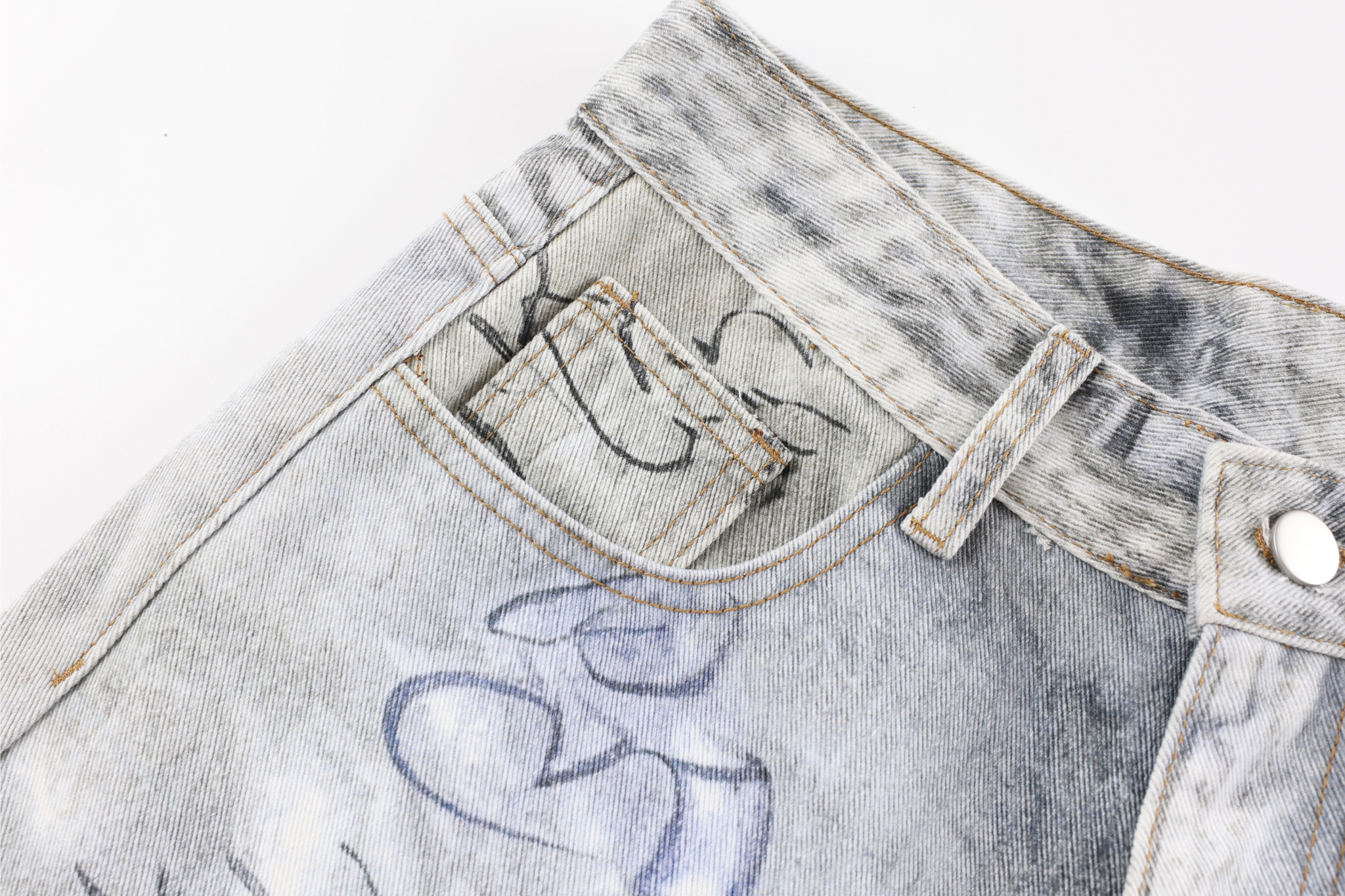 CapCabin Graffiti Washed Curved Denim Pants