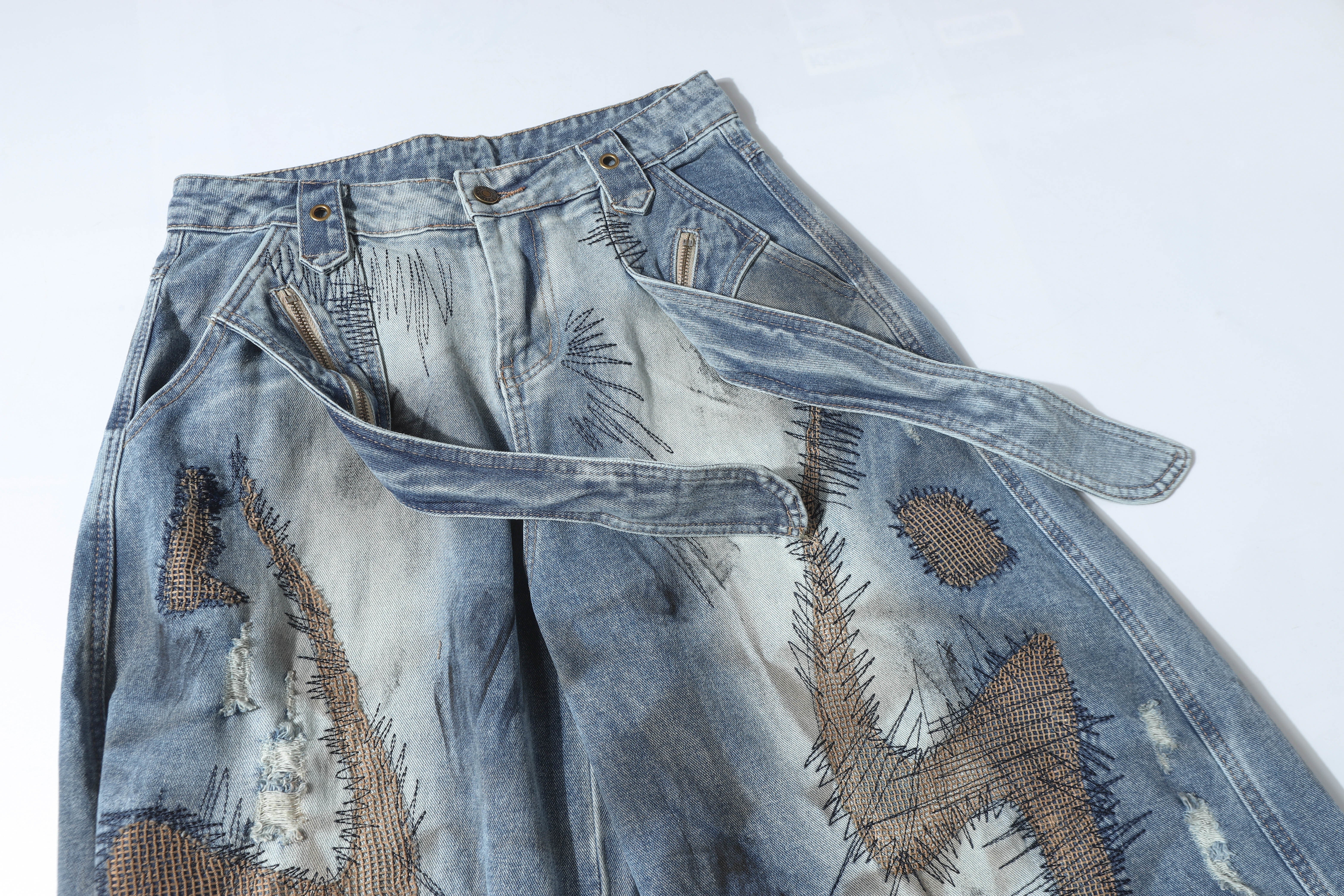 CapCabin Distressed Patchwork Denim Pants
