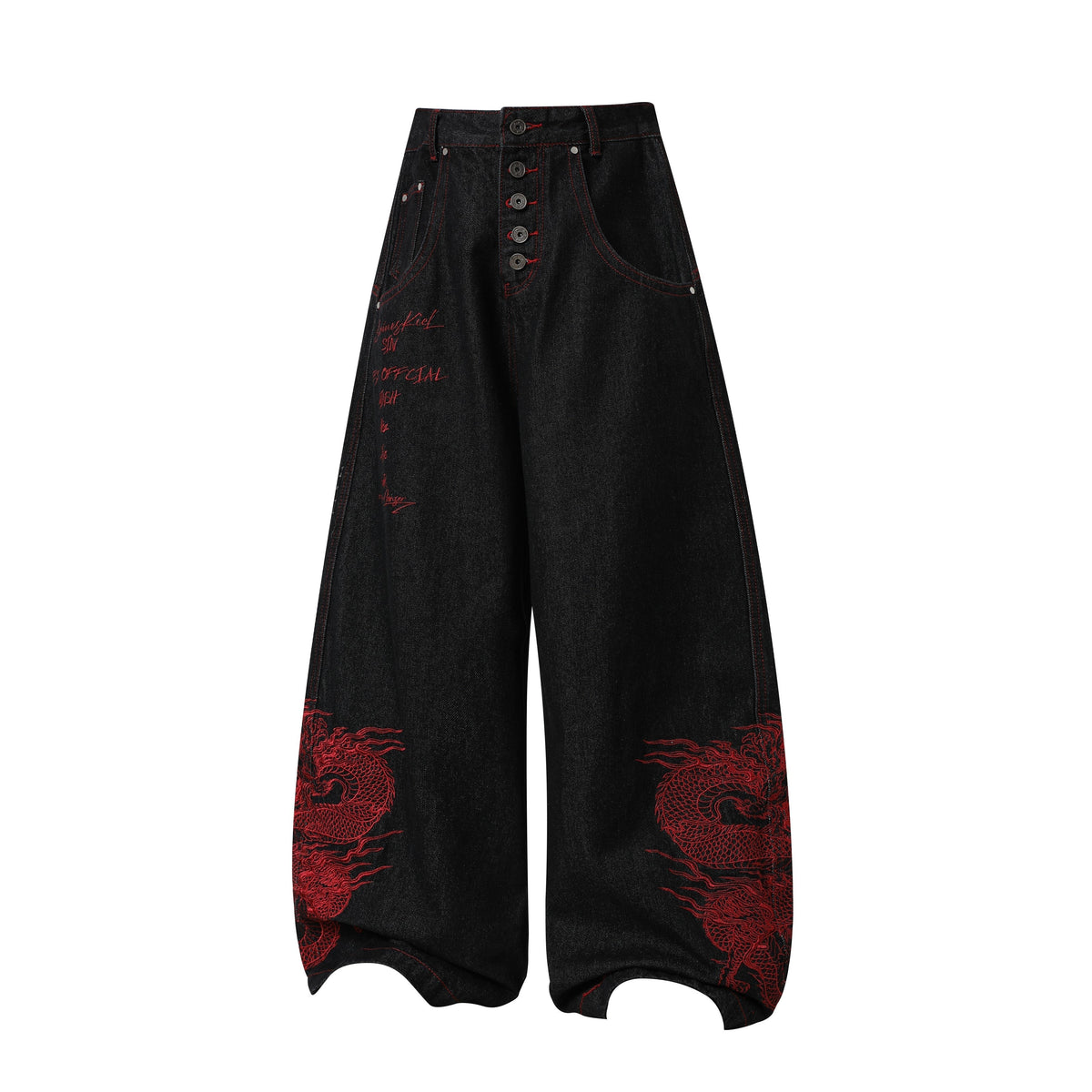 CapCabin Dragon Embroidered Wide-Leg Denim Pants