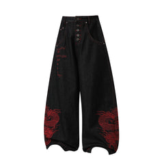 CapCabin Dragon Embroidered Wide-Leg Denim Pants