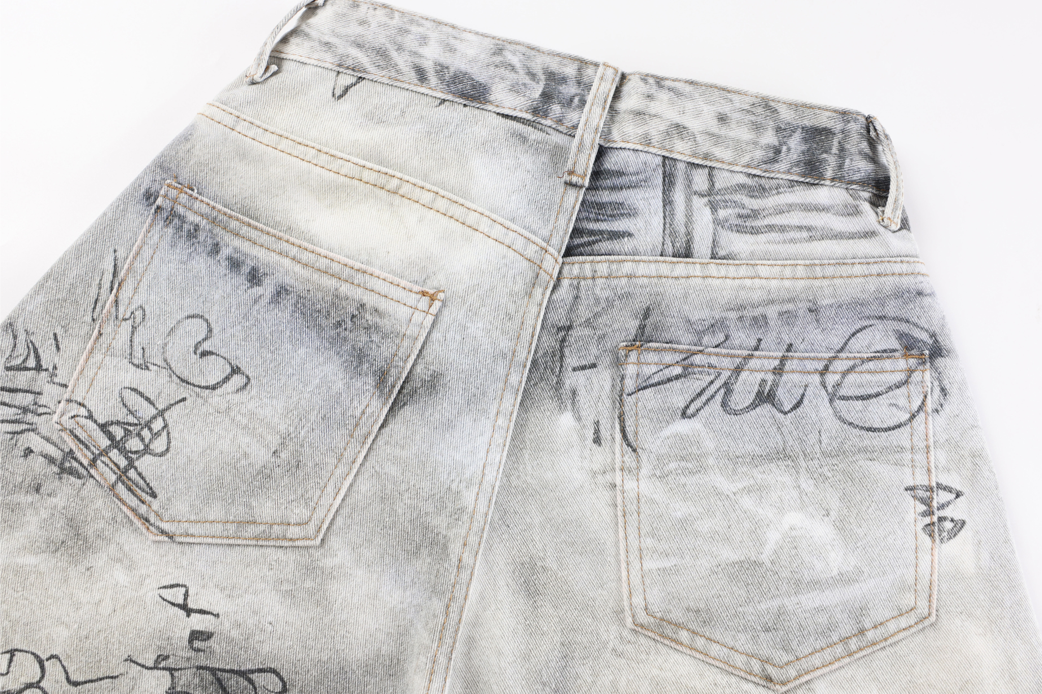 CapCabin Graffiti Washed Curved Denim Pants