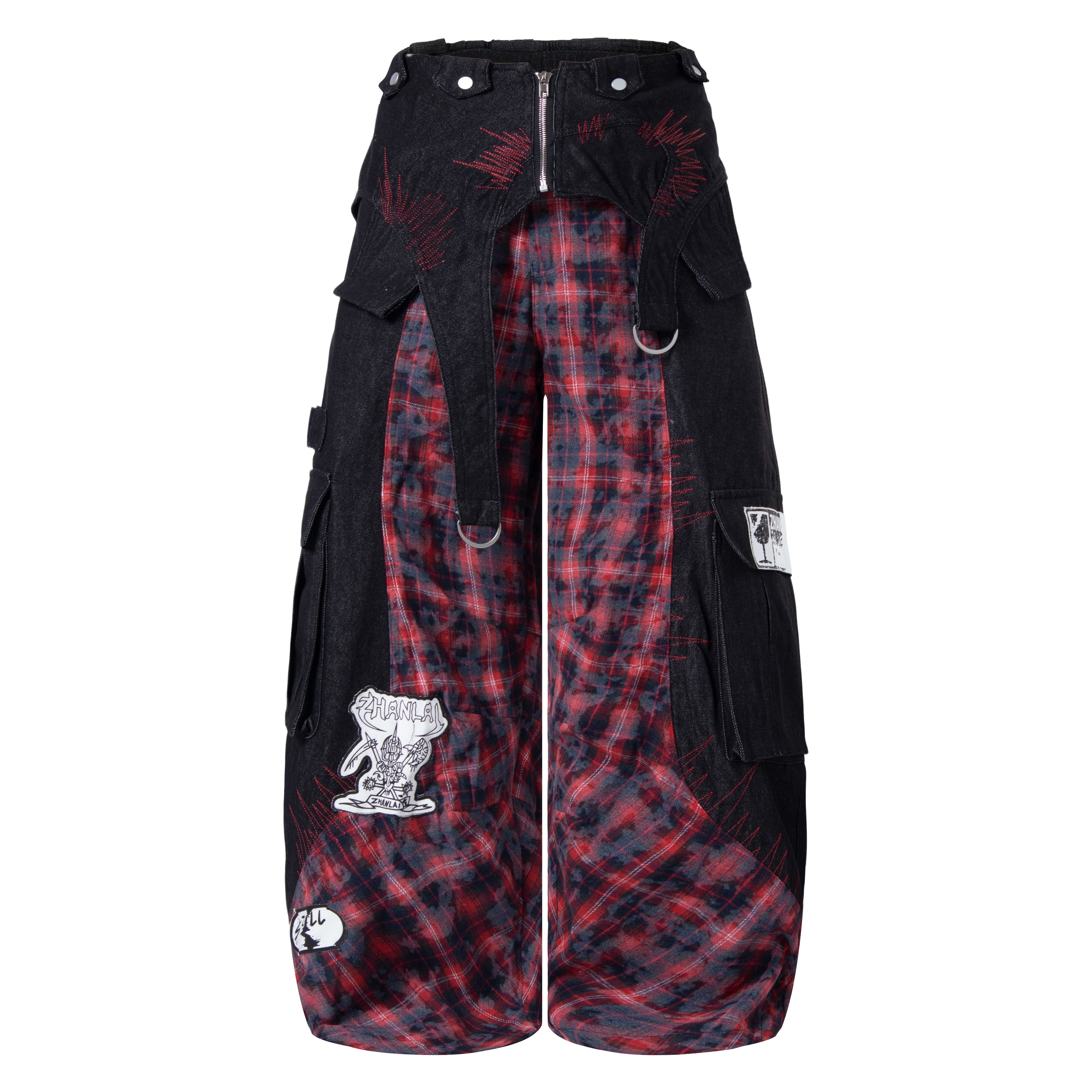 CapCabin Layered Plaid Panel Wide-Leg Pants